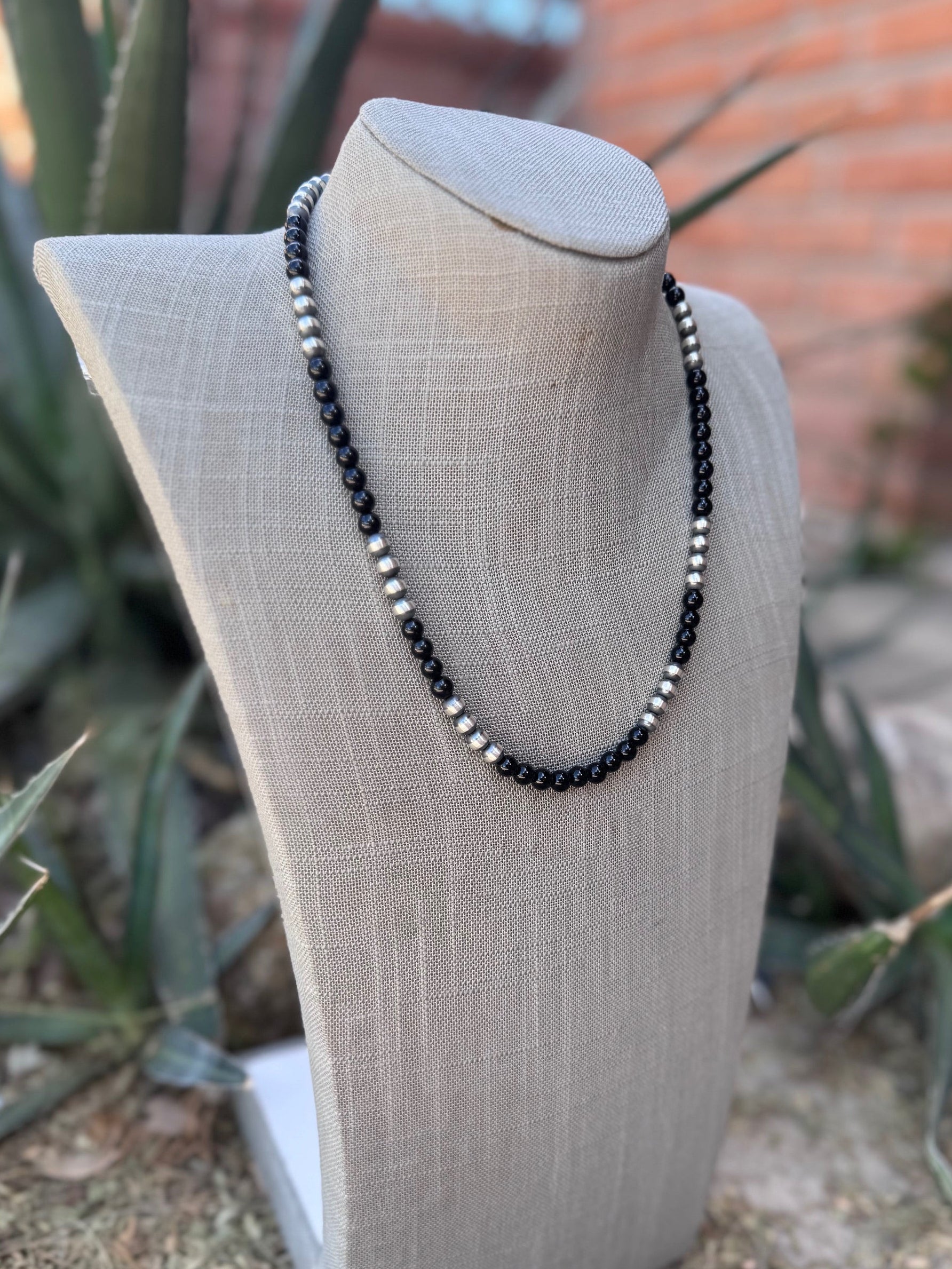Handcrafted Sterling Silver Pearl & Black Onyx 6mm Beaded 20" Necklace