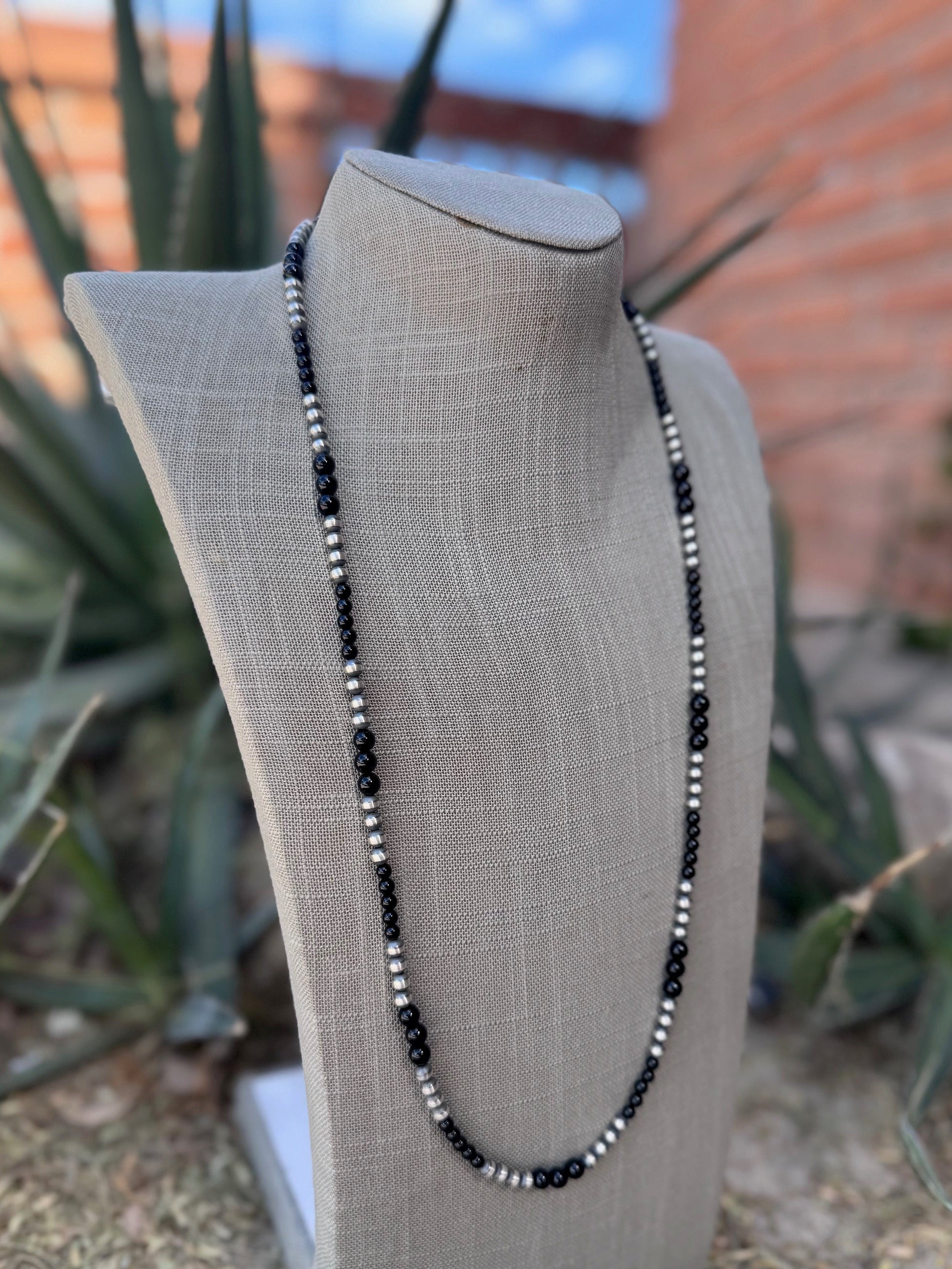 Handcrafted Sterling Silver Pearl & Black Onyx 3-6mm Beaded 30" Necklace