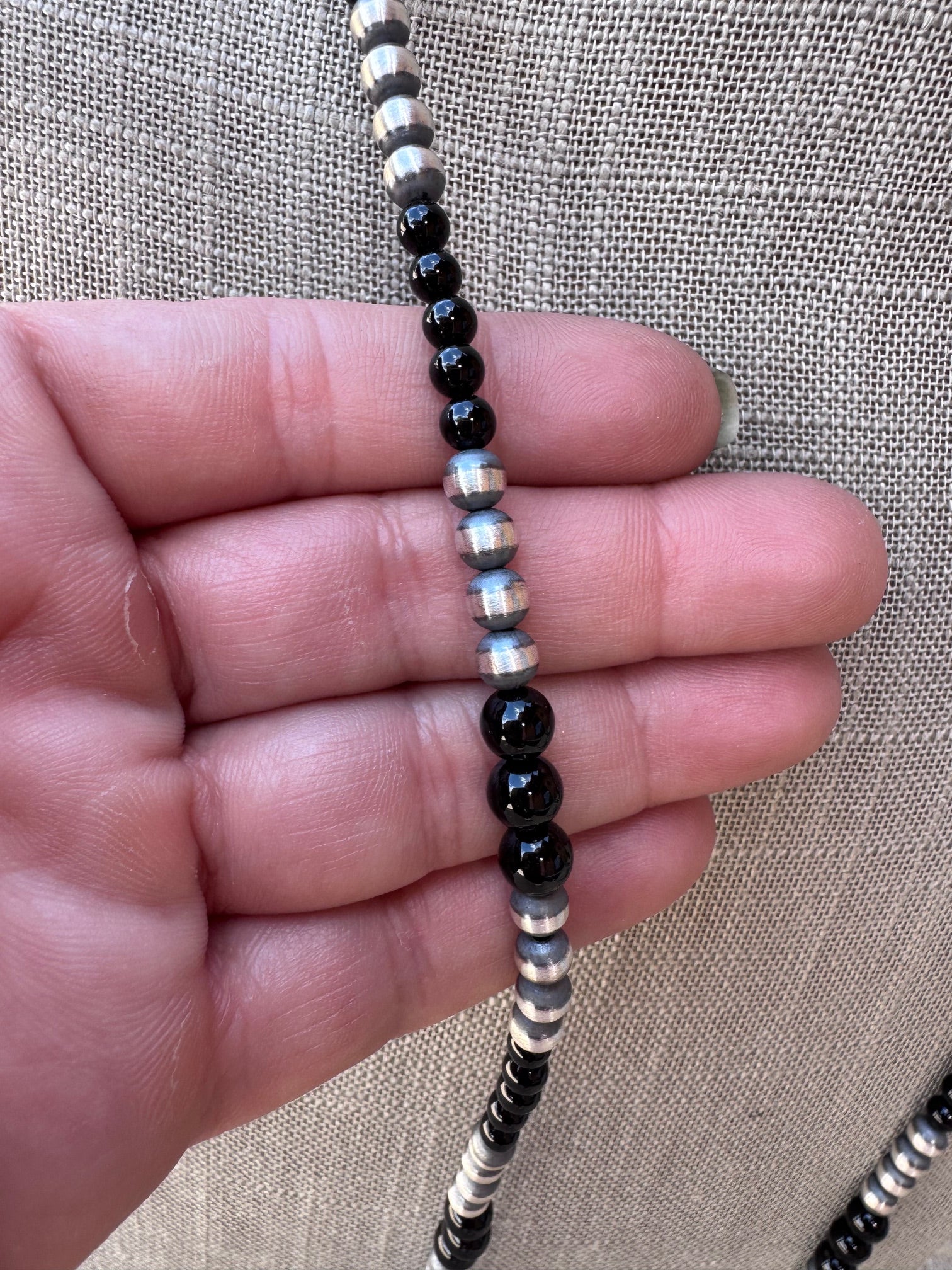 Handcrafted Sterling Silver Pearl & Black Onyx 3-6mm Beaded 30" Necklace