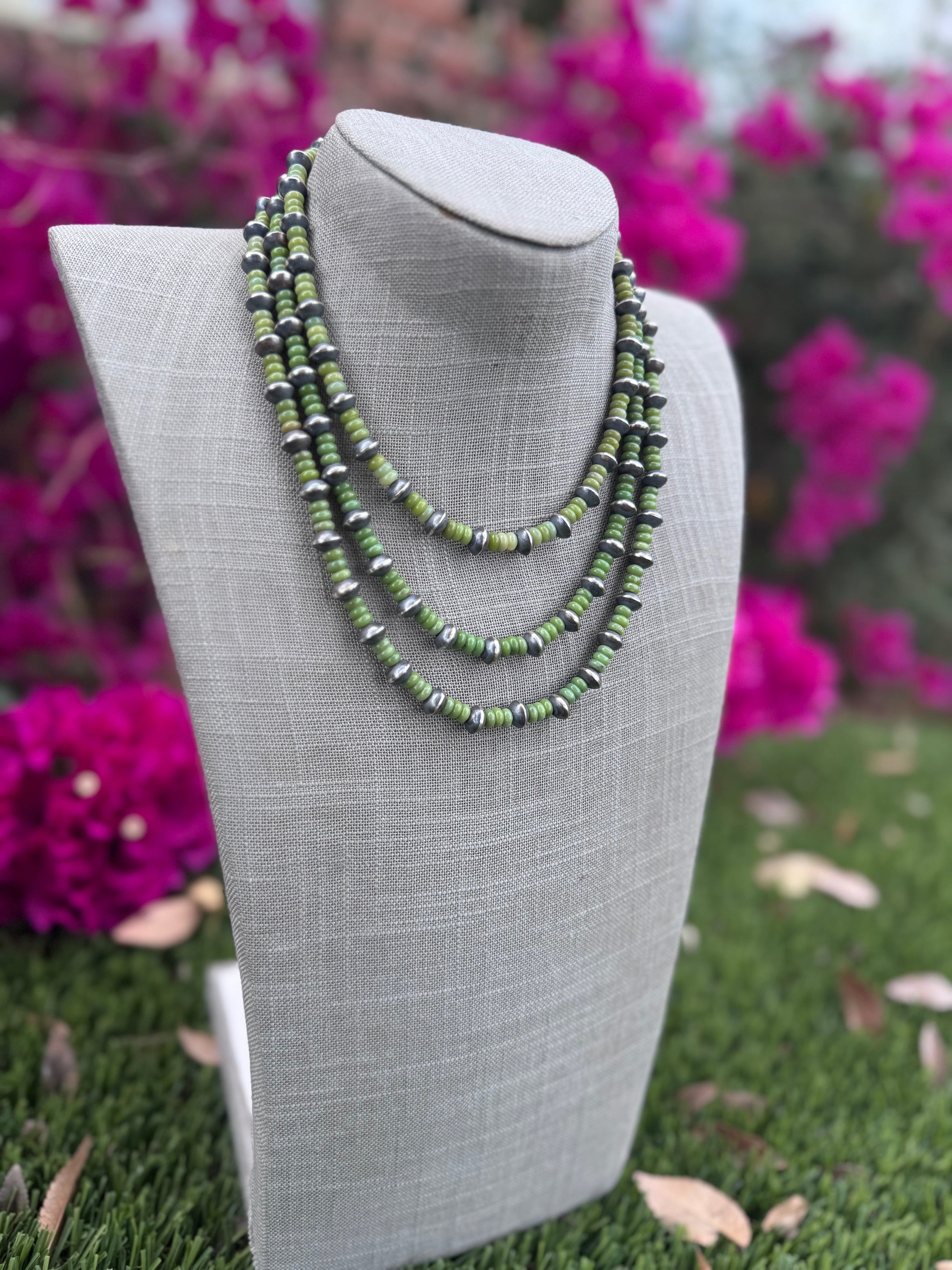 Handcrafted Serpentine & Sterling Silver 8mm Saucer Beaded Necklace