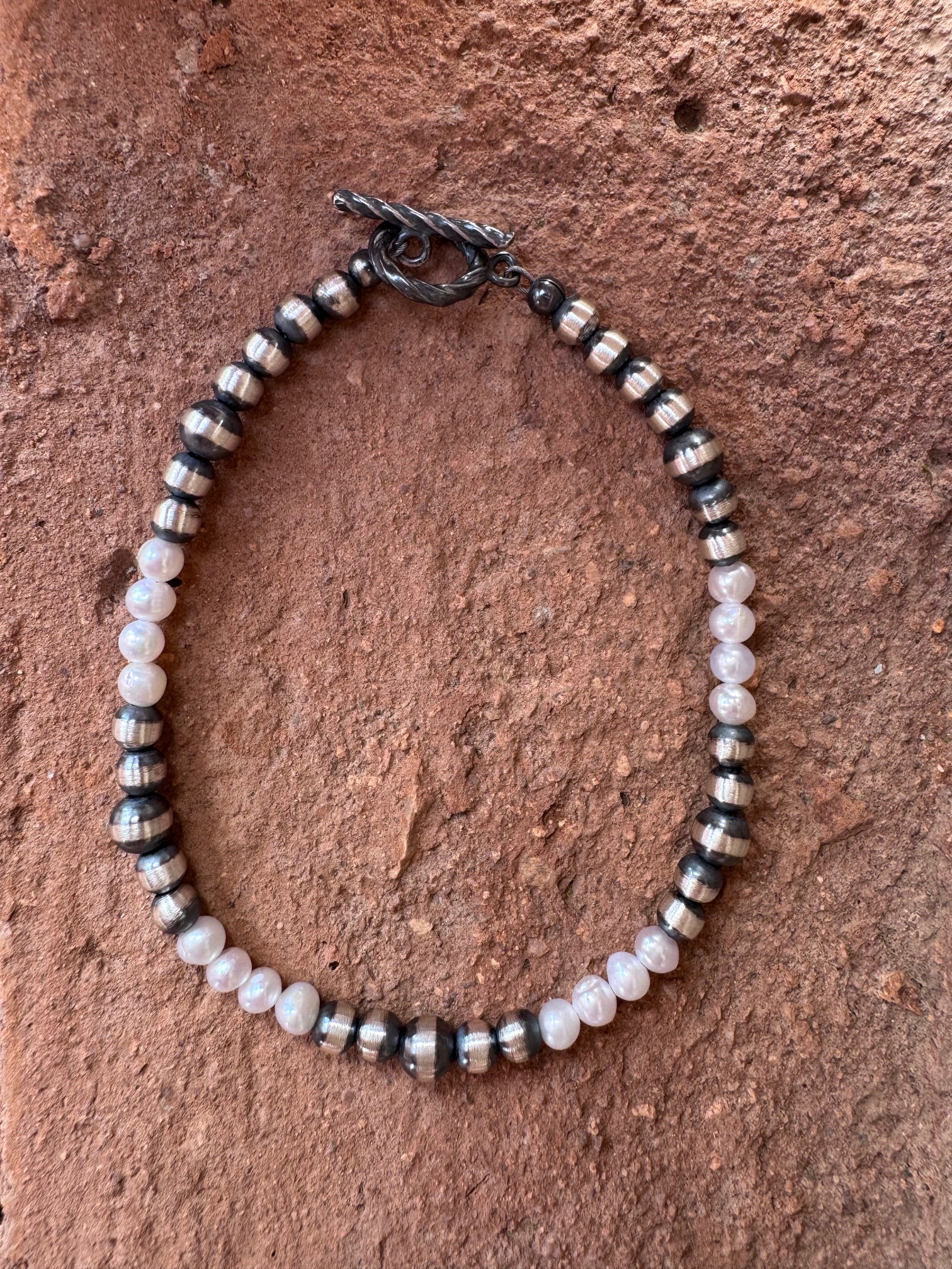 Handcrafted Freshwater Pearl & Sterling Silver Pearl 4-5mm Beaded Bracelet 7.5"