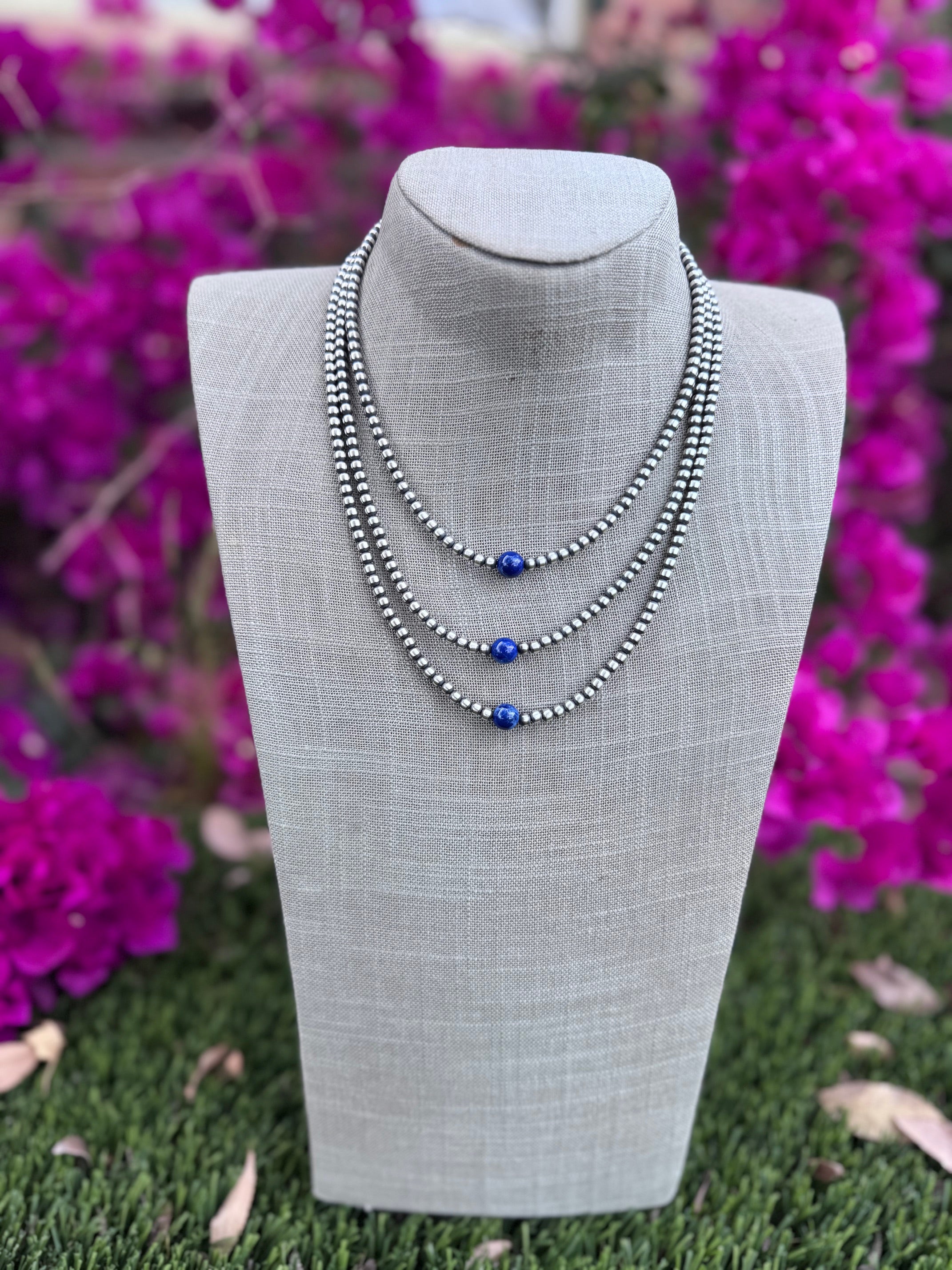 Handcrafted Lapis & Sterling Silver Pearl 4mm Beaded Necklace