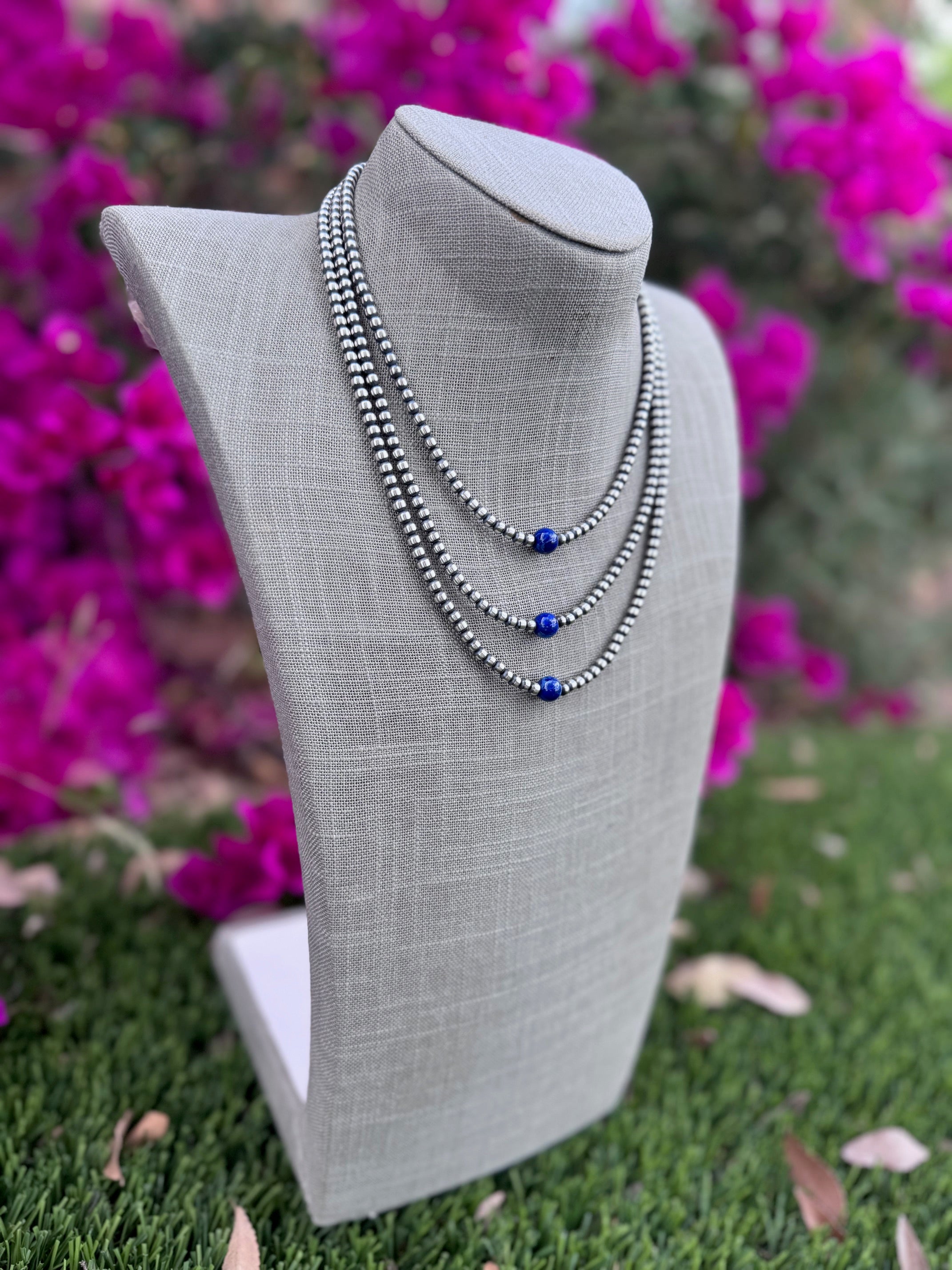 Handcrafted Lapis & Sterling Silver Pearl 4mm Beaded Necklace