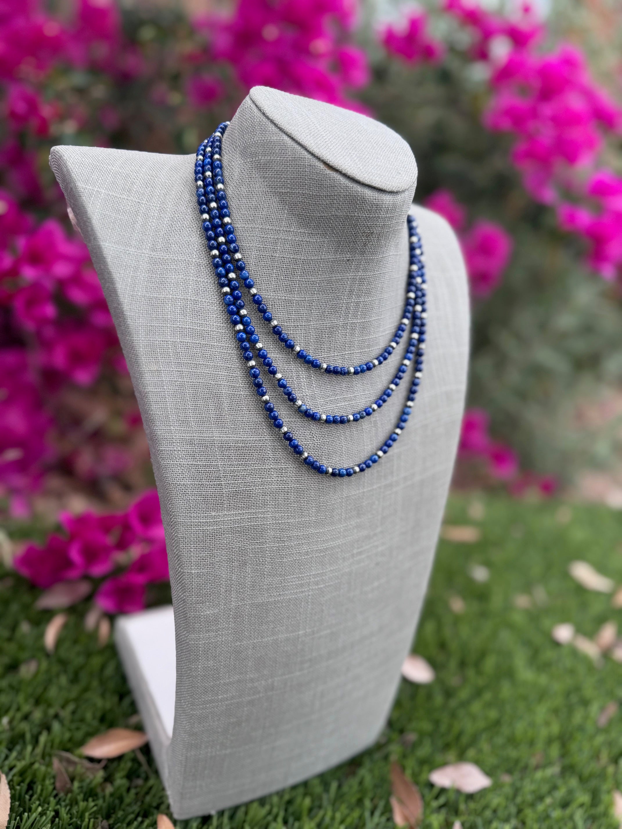 Handcrafted Lapis & Sterling Silver Pearl 4mm Beaded Necklace