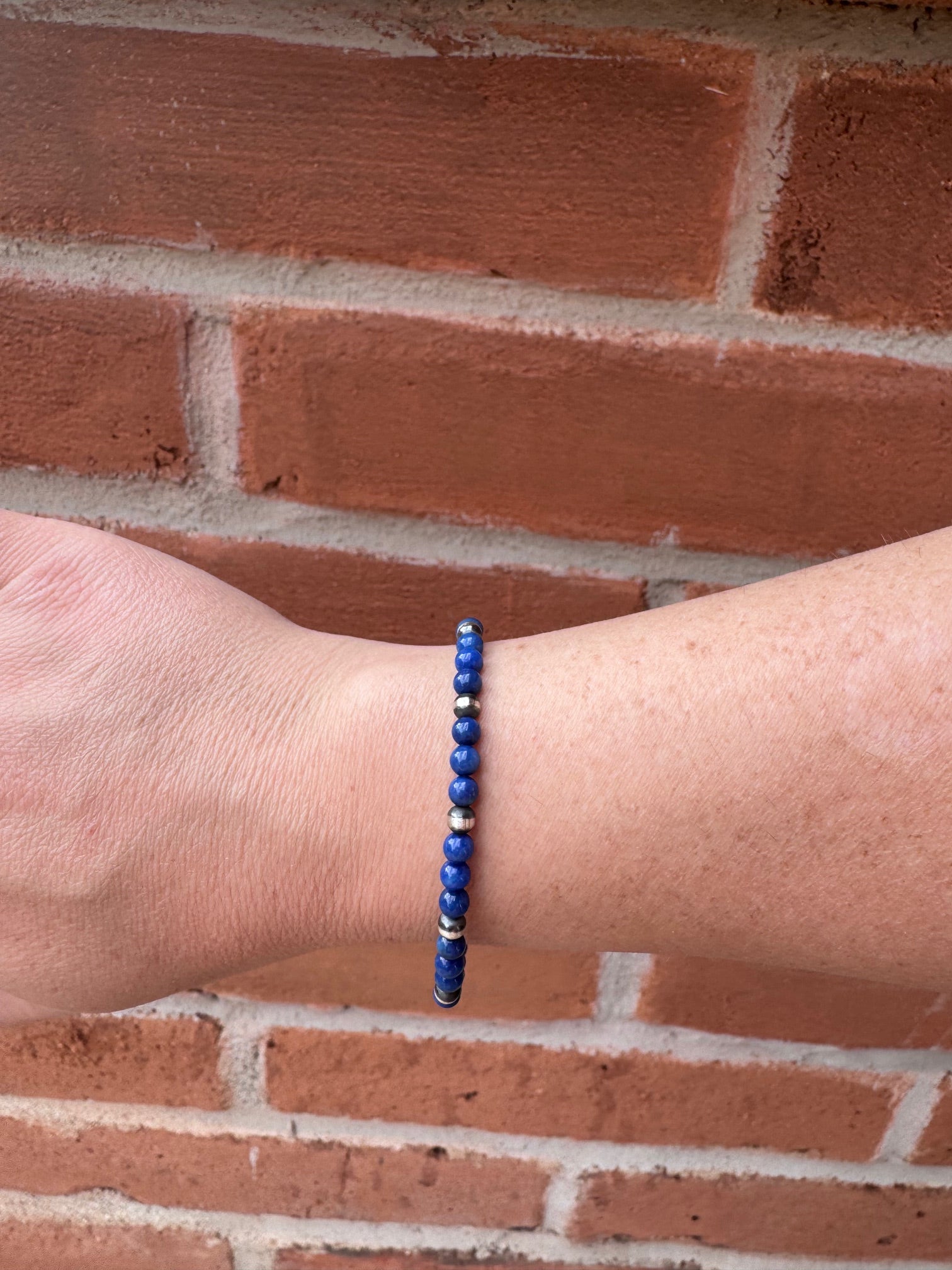 Handcrafted Lapis & Sterling Silver Pearl 4mm Beaded Bracelet 7.5"