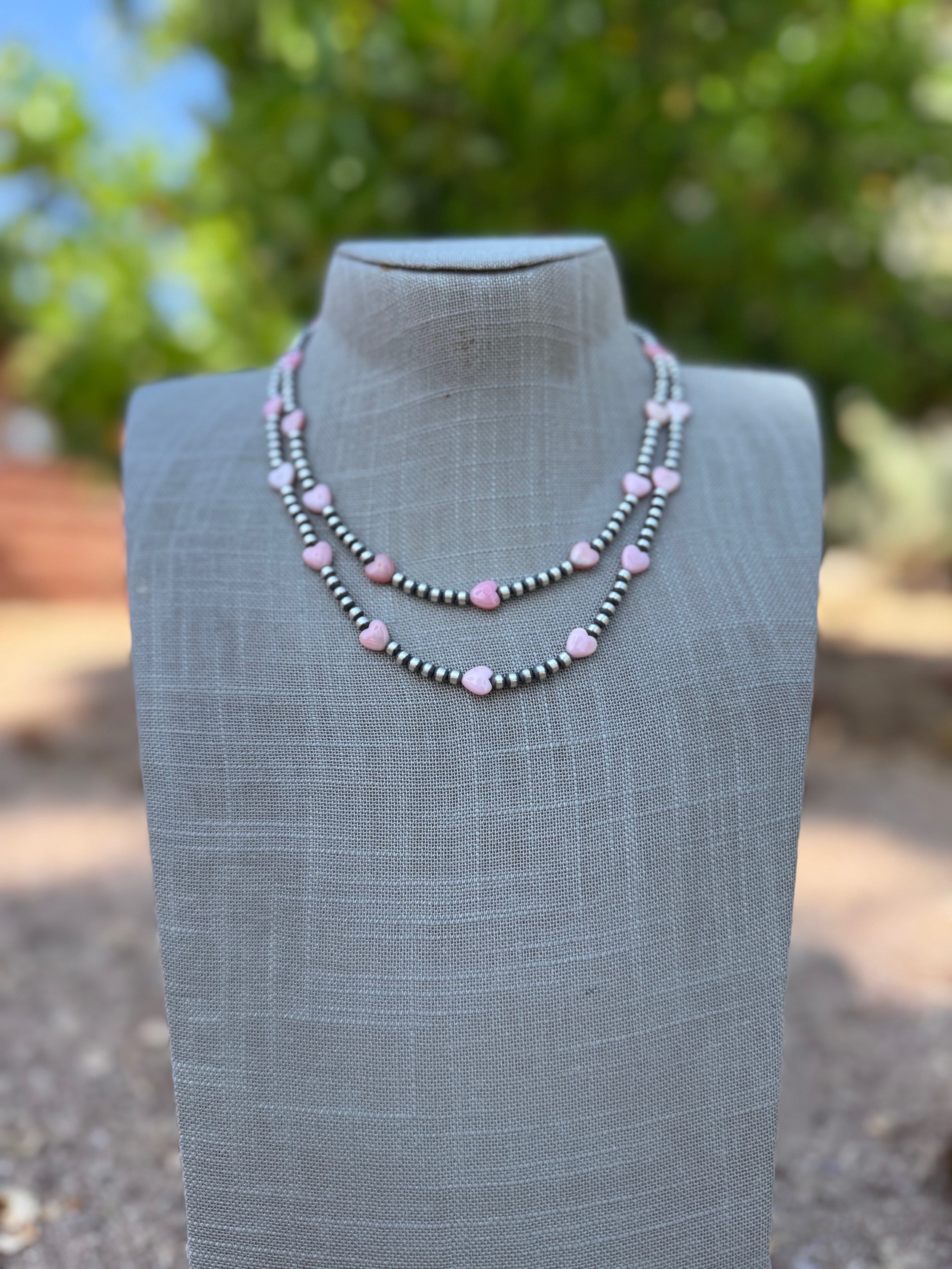 Handcrafted Sterling Silver & Pink Conch Heart 4mm beaded Necklace