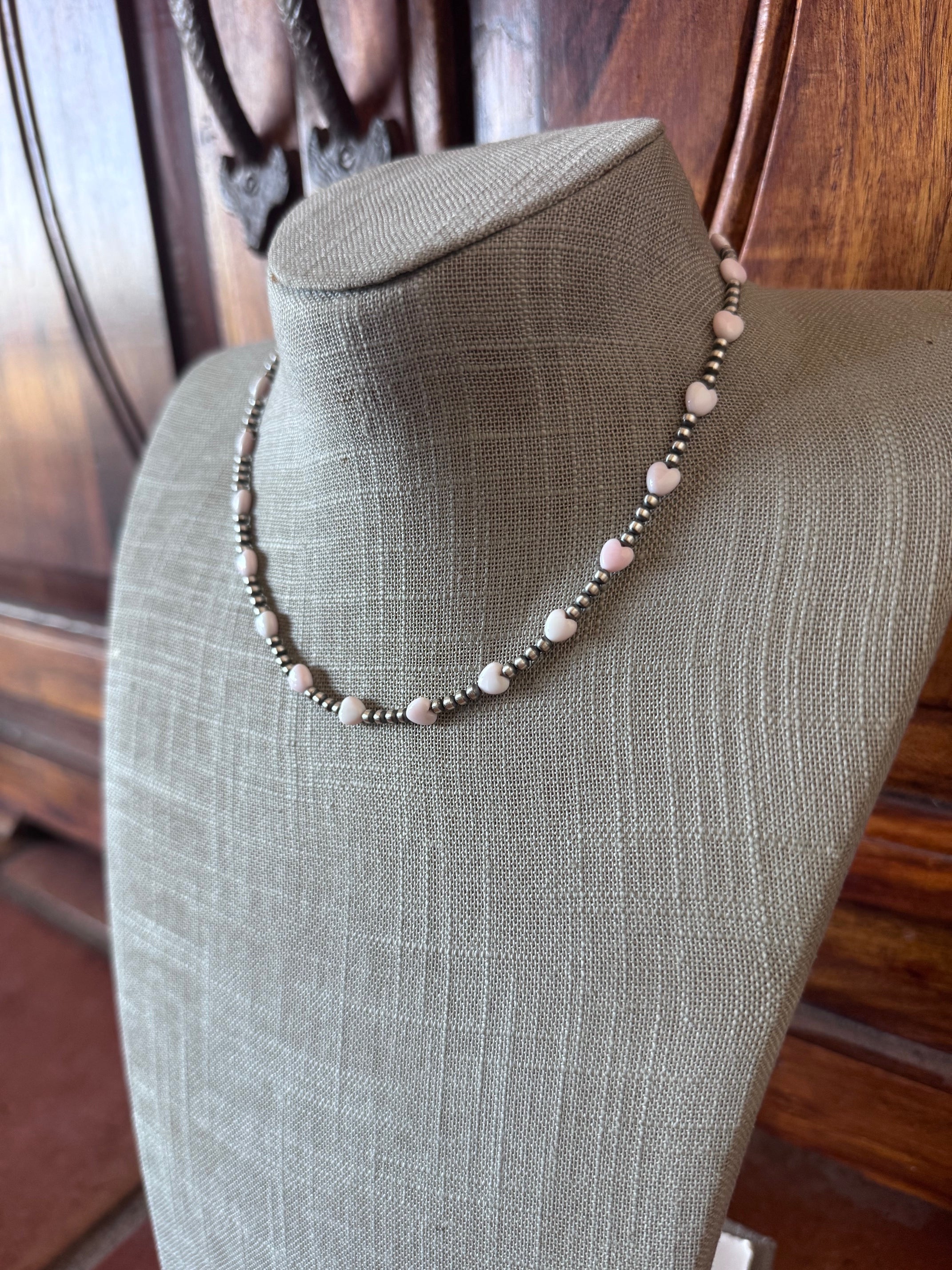 Handcrafted Sterling Silver & Pink Conch Heart 3mm beaded 16" Necklace