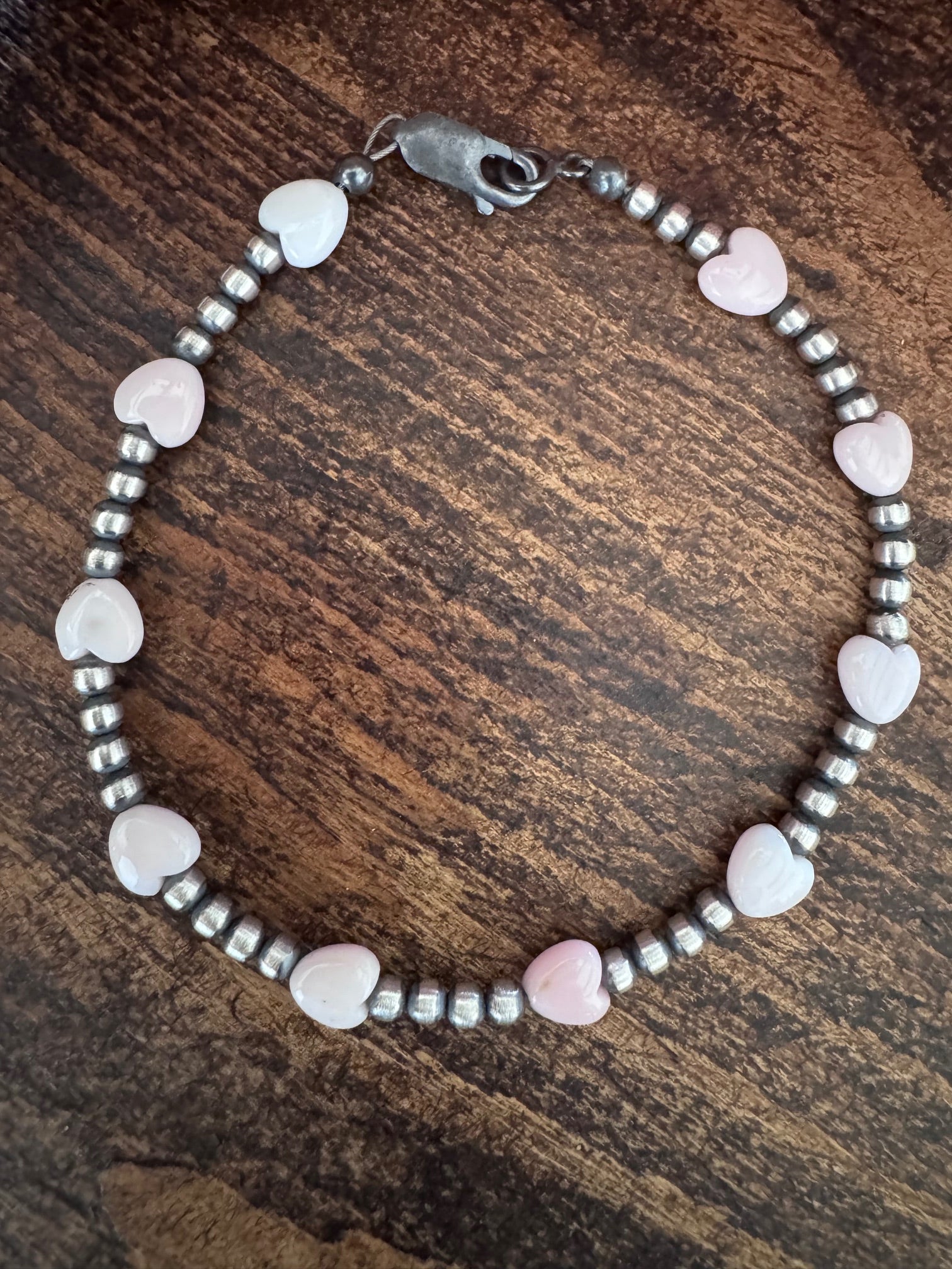 Handmade Sterling Silver and Pink Conch Heart 3mm Beaded Bracelet 7.5"