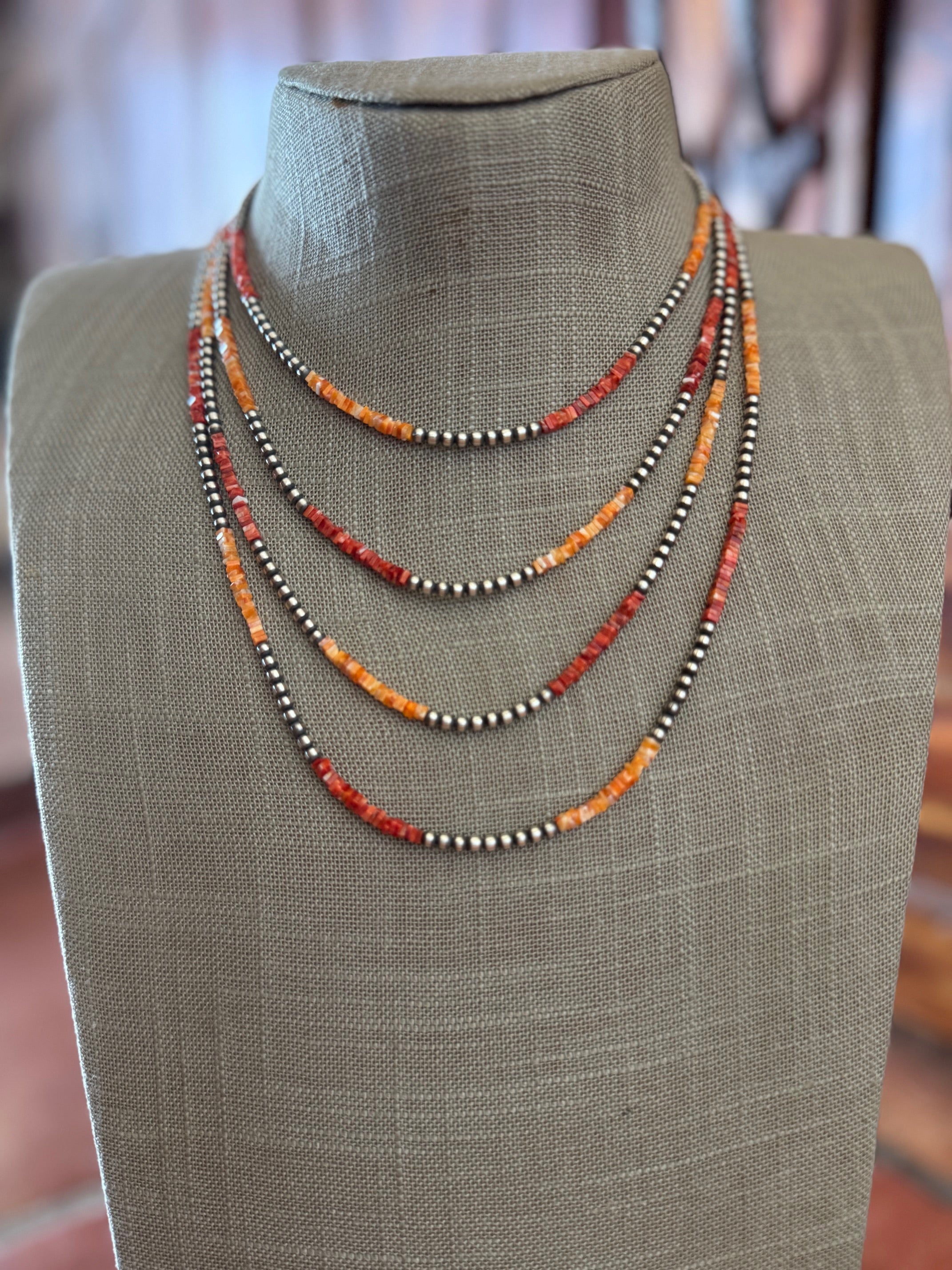 Handcrafted Red Spiny, Orange Spiny & Sterling Silver Pearl 3mm Beaded Necklace