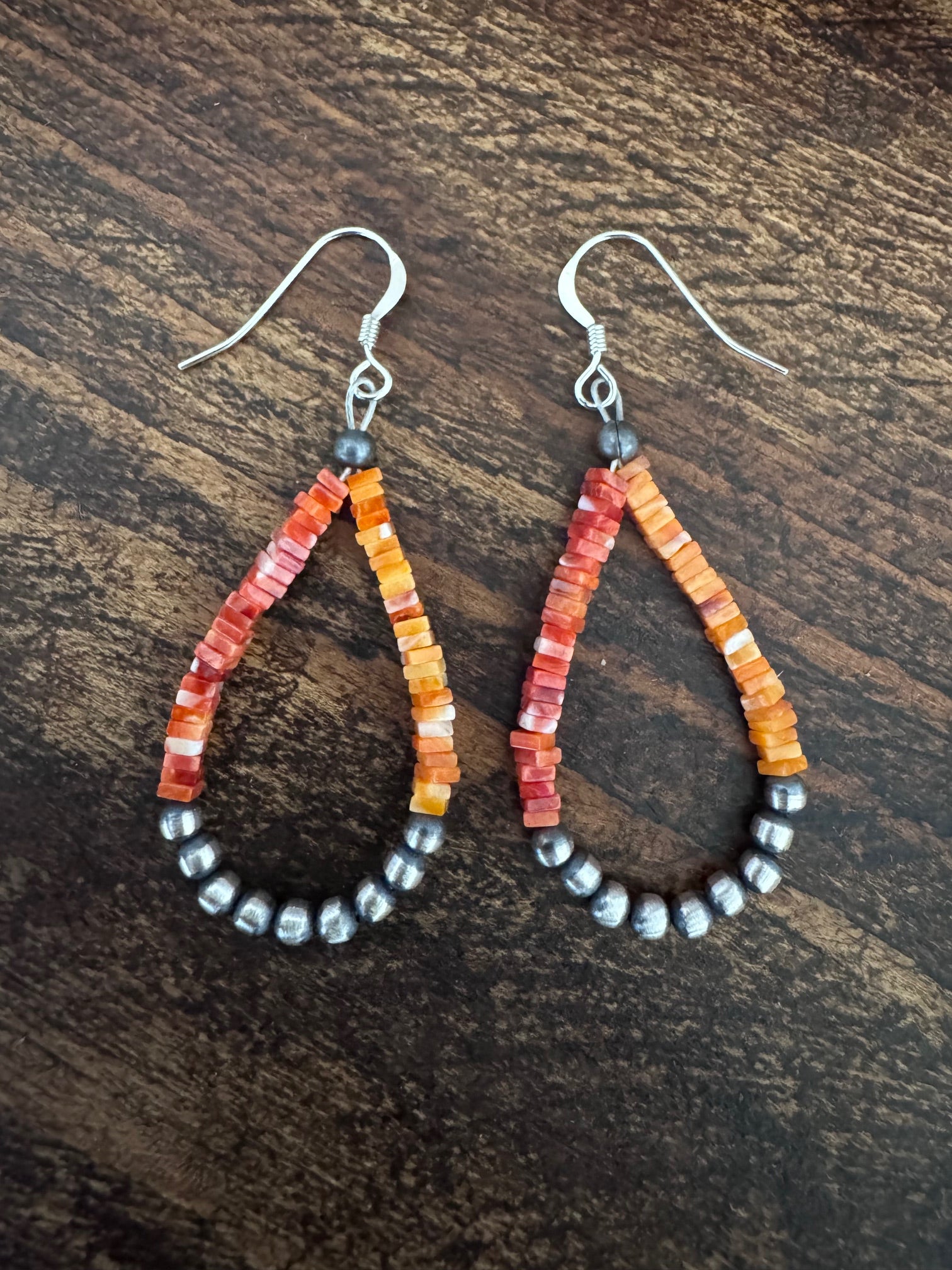 Handcrafted Red Spiny, Orange Spiny & Sterling Silver Beaded Dangle Hoop Earrings