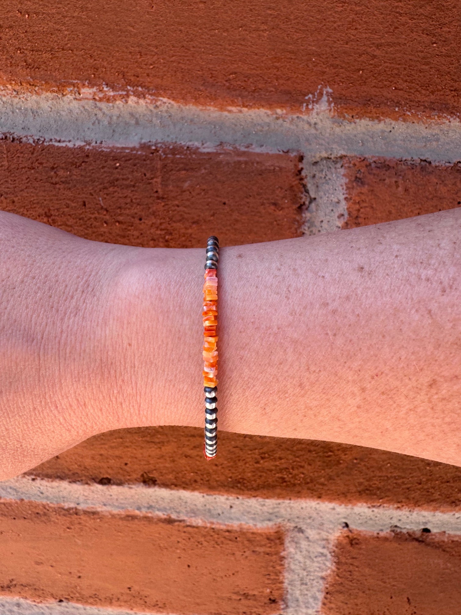 Handcrafted Red Spiny, Orange Spiny & Sterling Silver Beaded Bracelet 7.5"