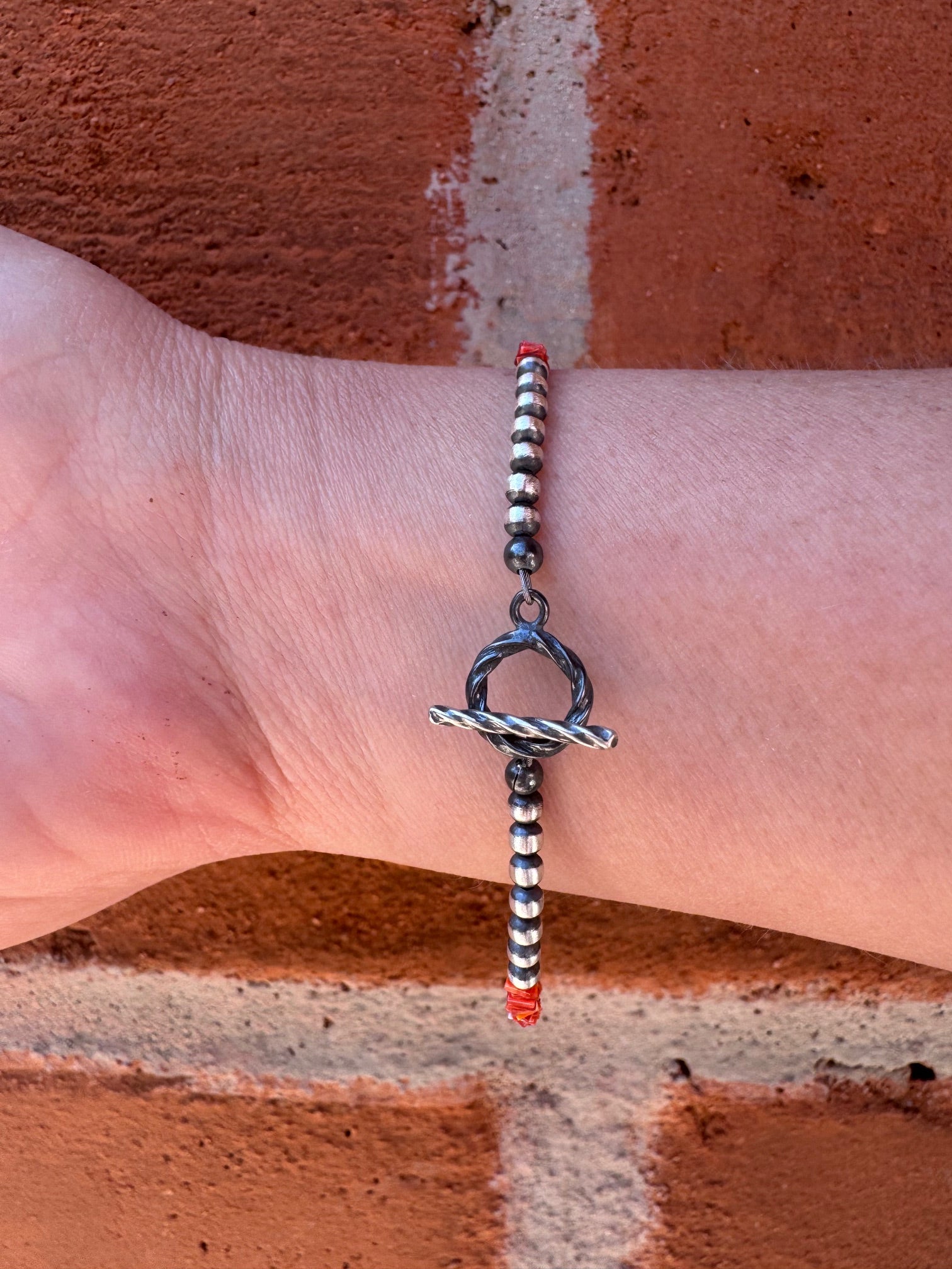 Handcrafted Red Spiny, Orange Spiny & Sterling Silver Beaded Bracelet 7.5"