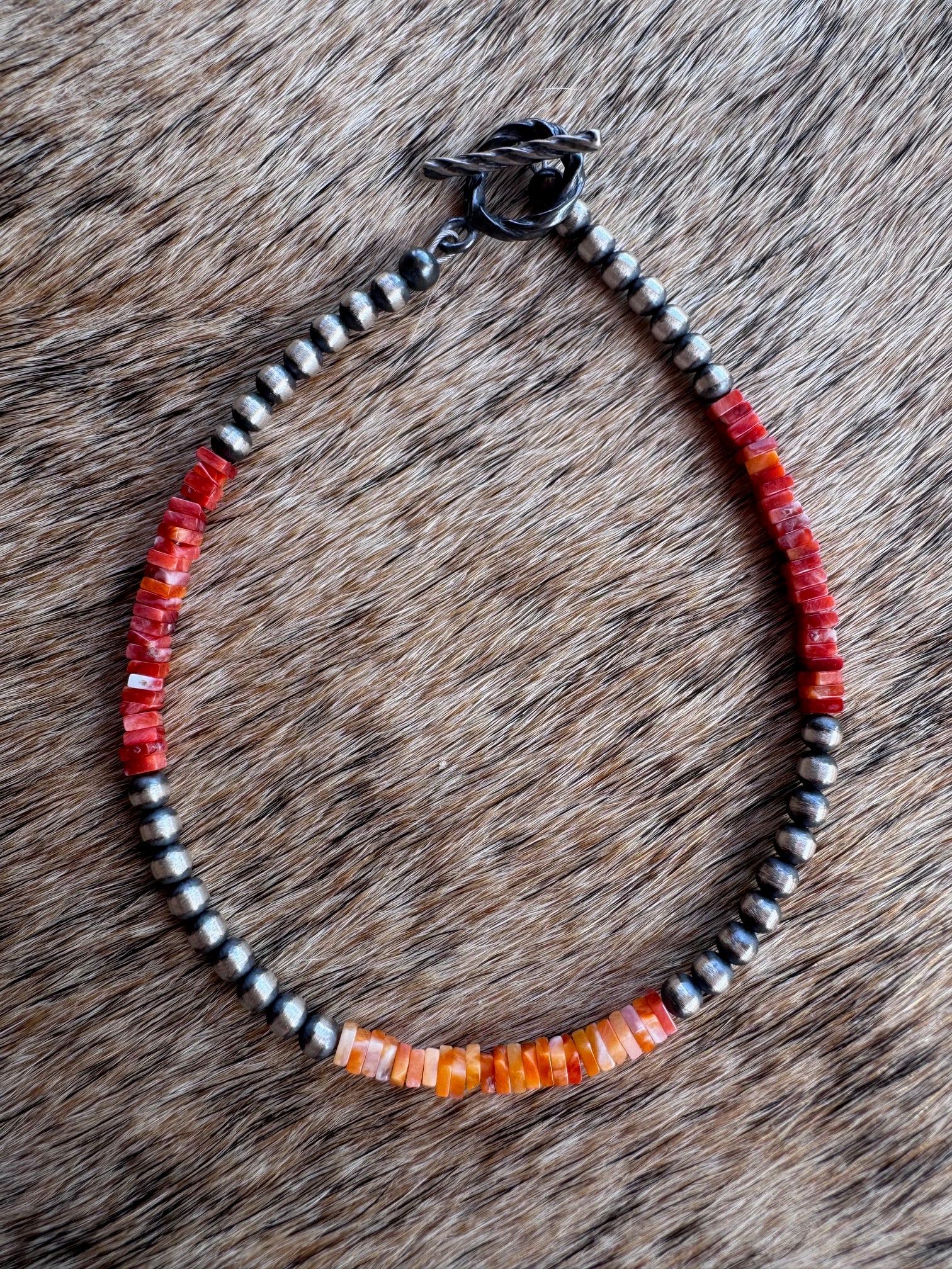 Handcrafted Red Spiny, Orange Spiny & Sterling Silver Beaded Bracelet 7.5"