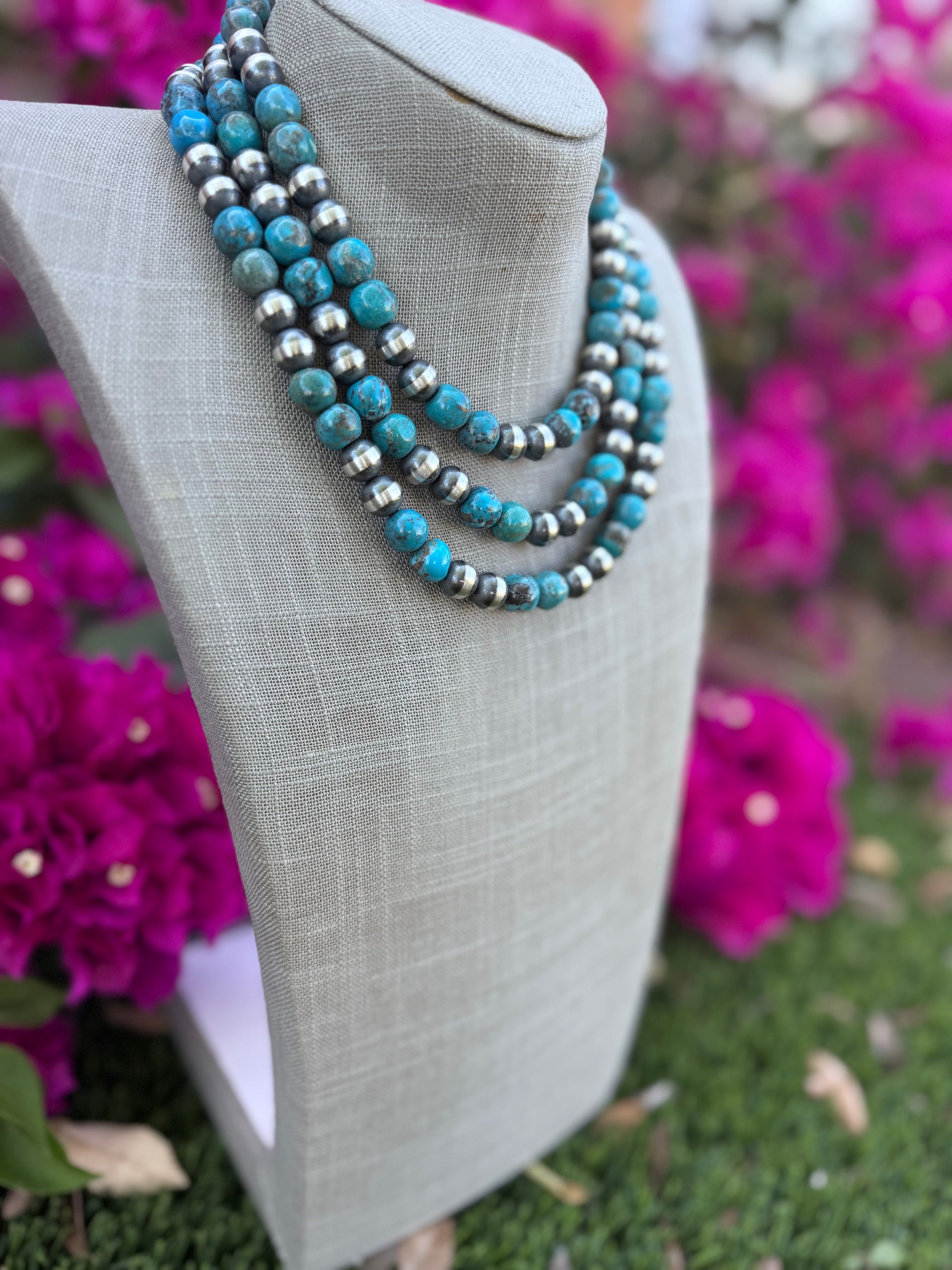 Handcrafted Kingman Turquoise & Sterling Silver 10mm Beaded Necklace