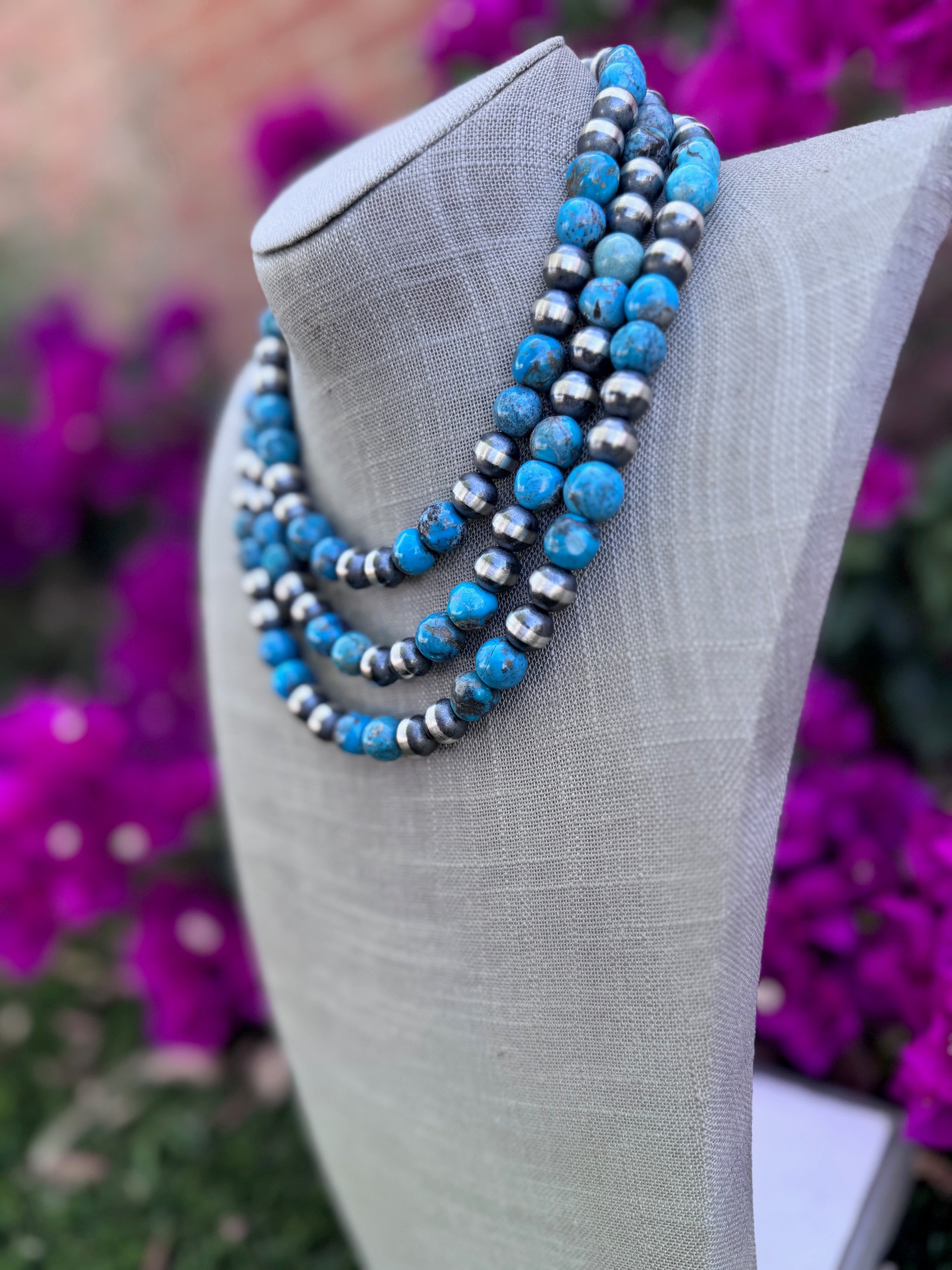 Handcrafted Kingman Turquoise & Sterling Silver 10mm Beaded Necklace