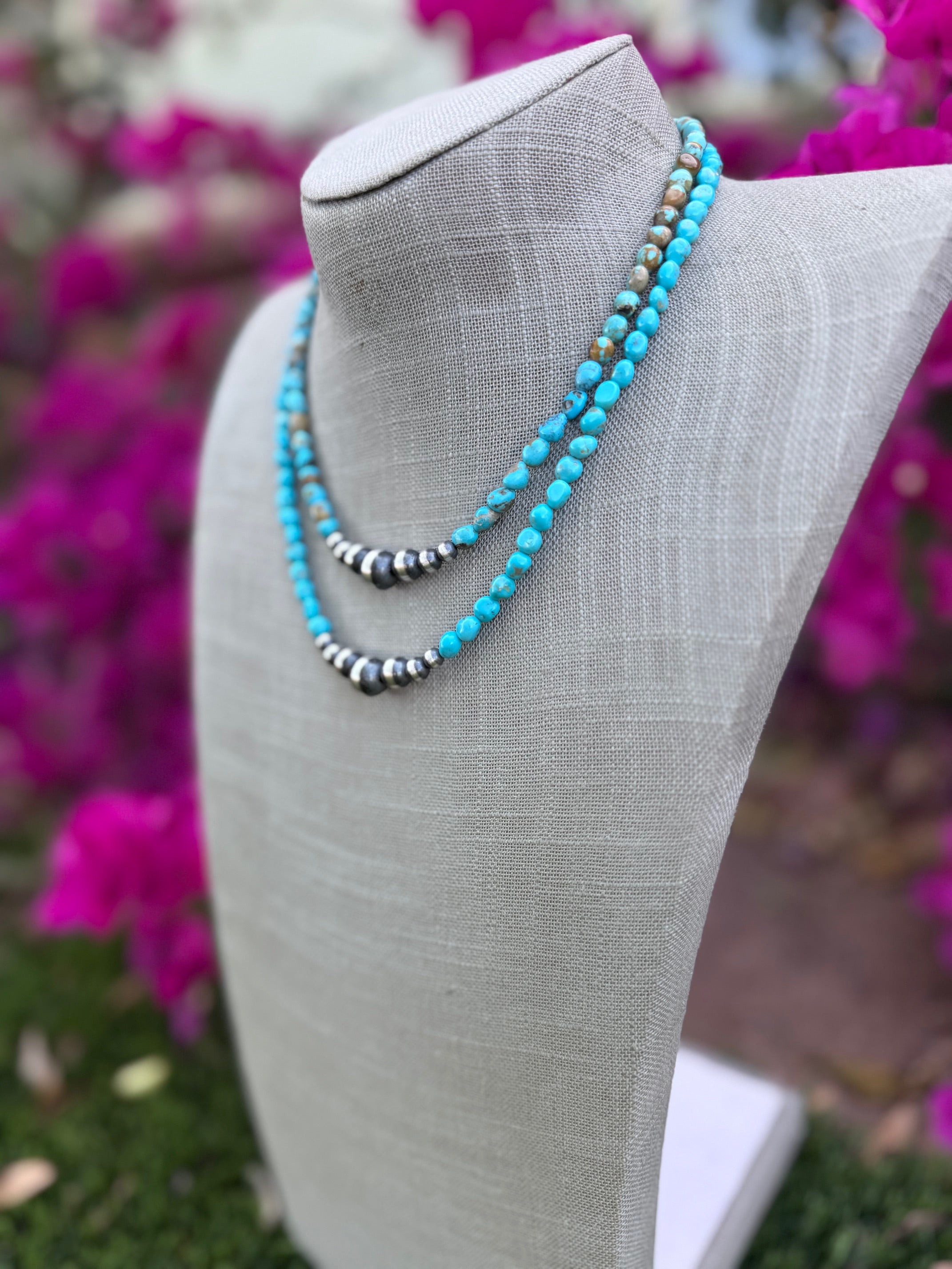 Handcrafted Kingman Turquoise & Sterling Silver 5-10mm Beaded Necklace