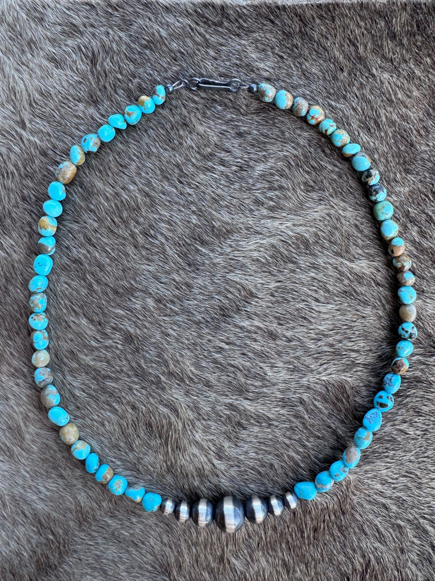 Handcrafted Kingman Turquoise & Sterling Silver 5-10mm Beaded Necklace