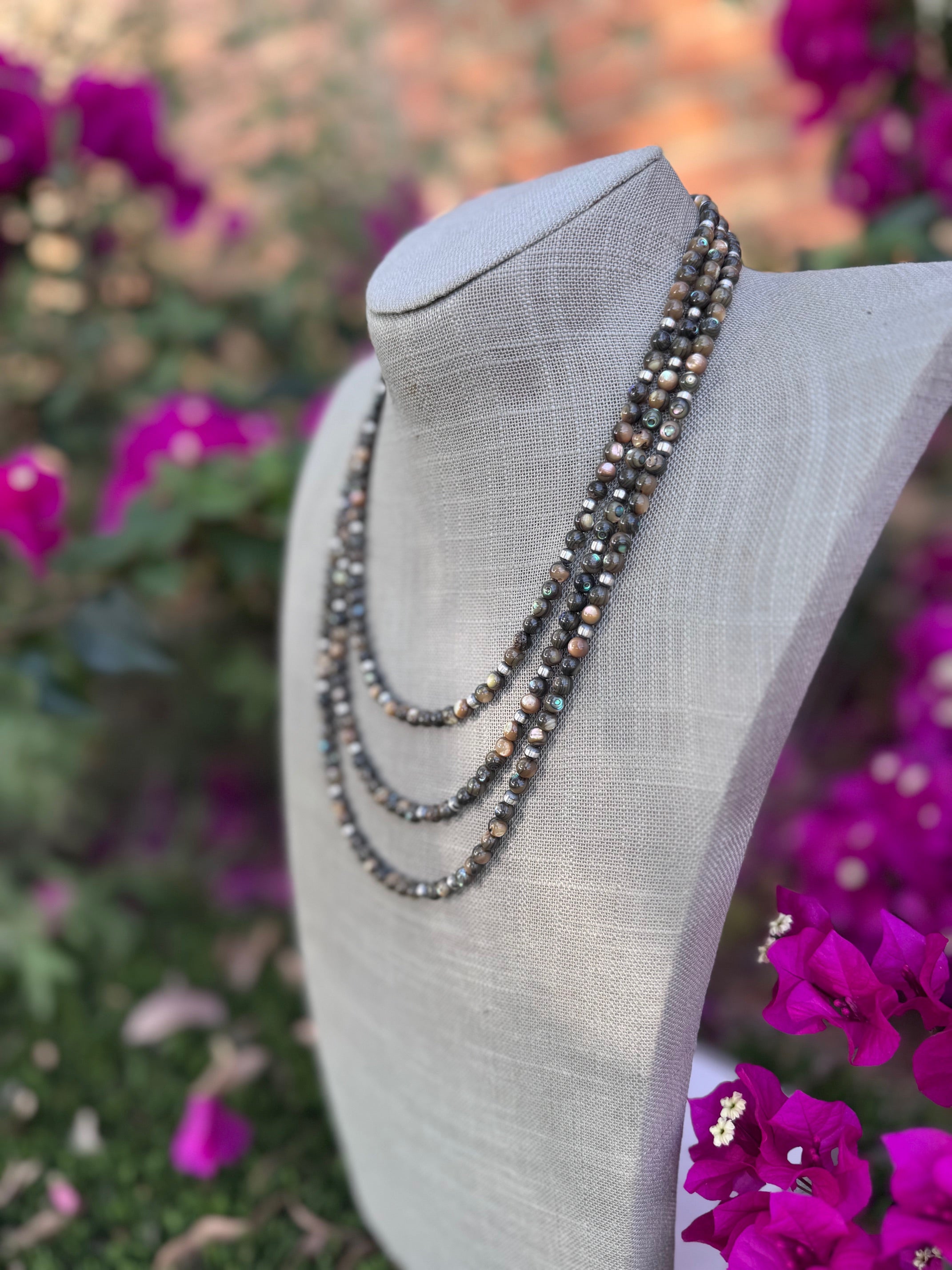 Handcrafted Round Abalone & Sterling Silver Pearl 4mm Beaded Necklace
