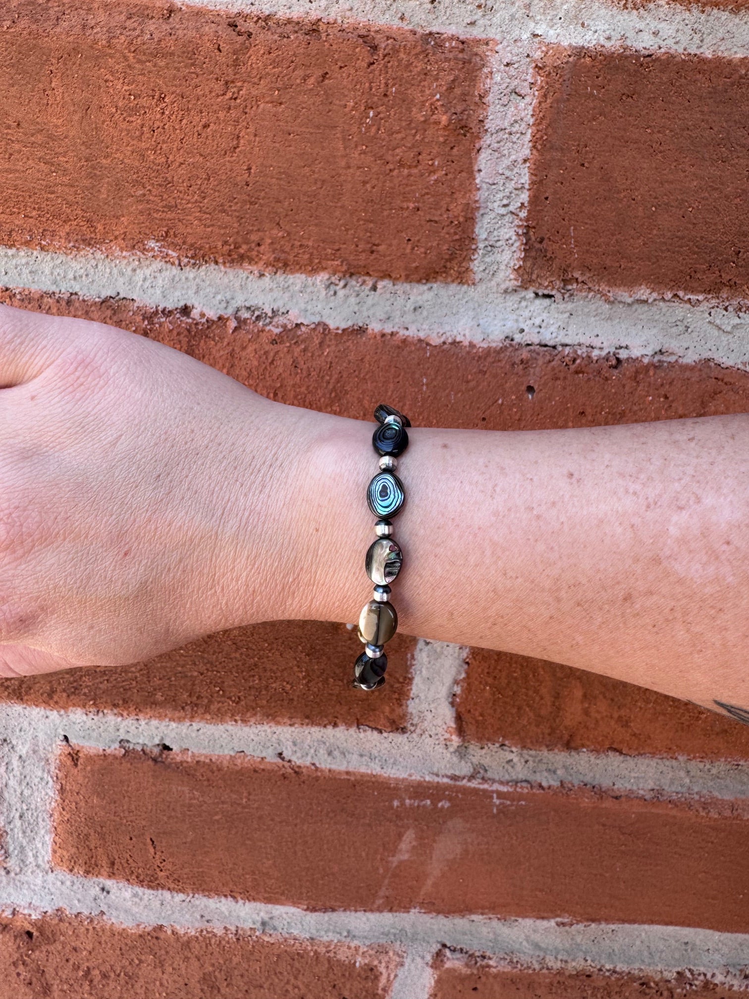 Handcrafted Abalone & Sterling Silver Pearl 4mm Beaded Bracelet 7.5"