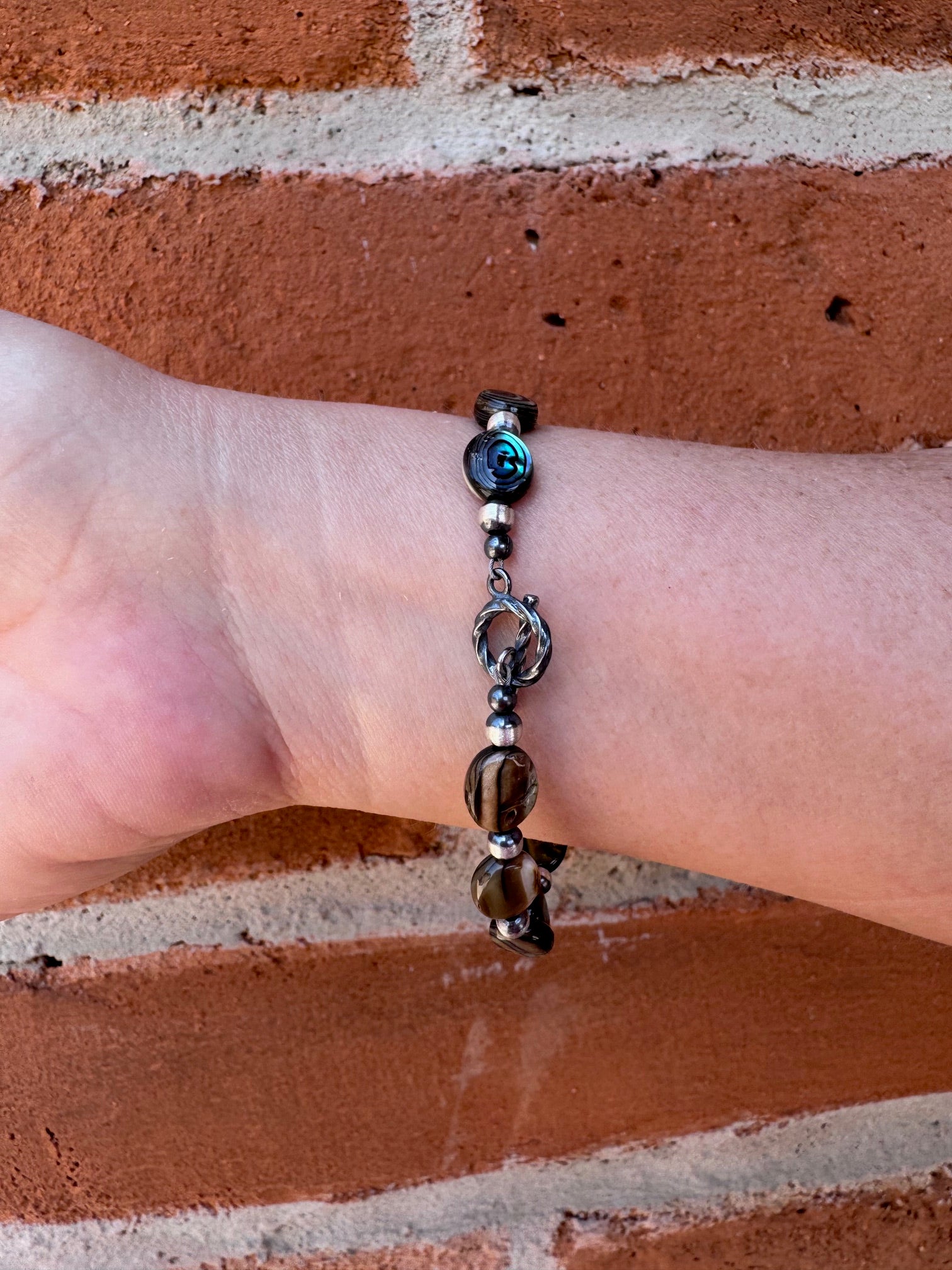 Handcrafted Abalone & Sterling Silver Pearl 4mm Beaded Bracelet 7.5"
