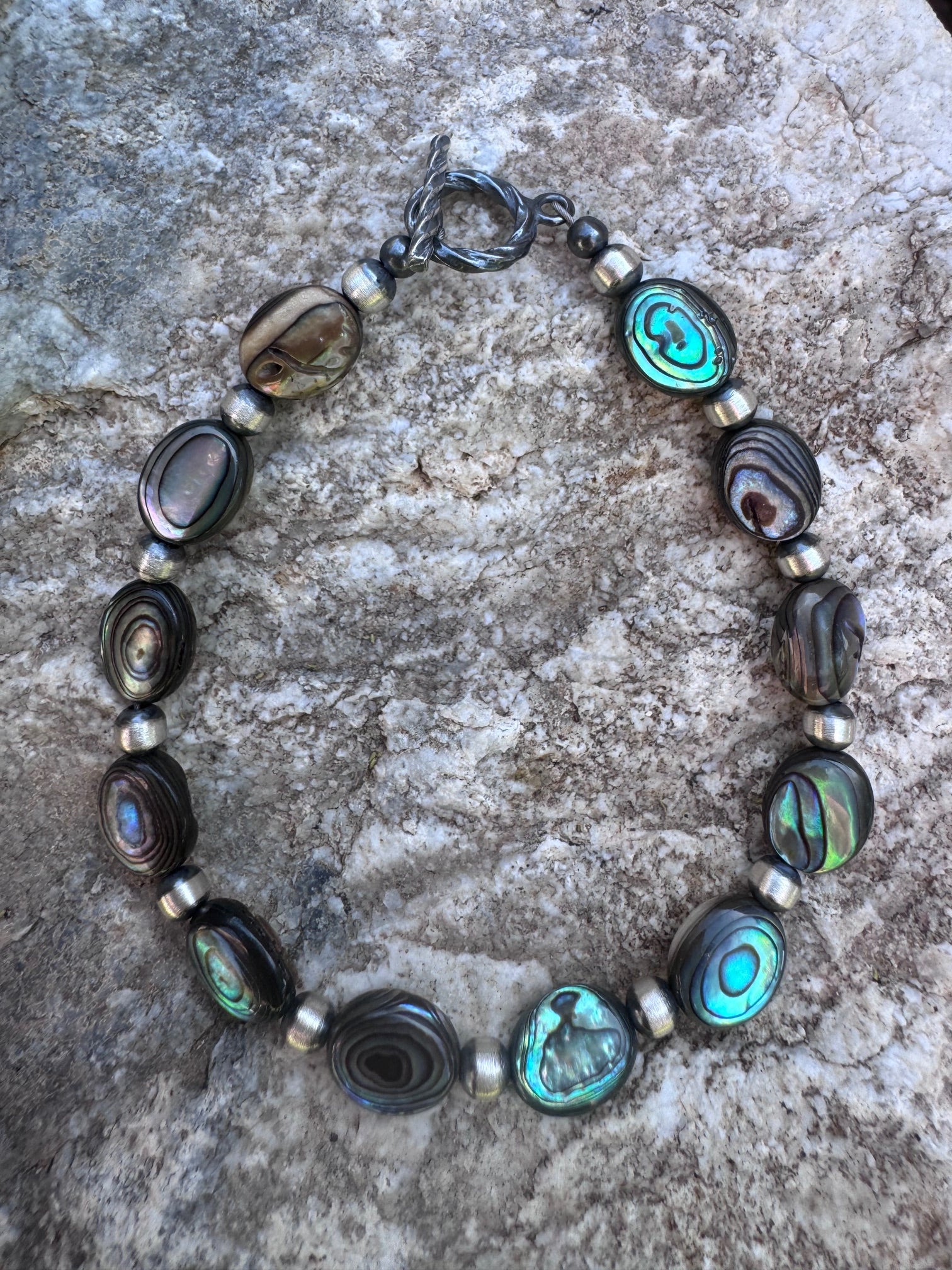 Handcrafted Abalone & Sterling Silver Pearl 4mm Beaded Bracelet 7.5"