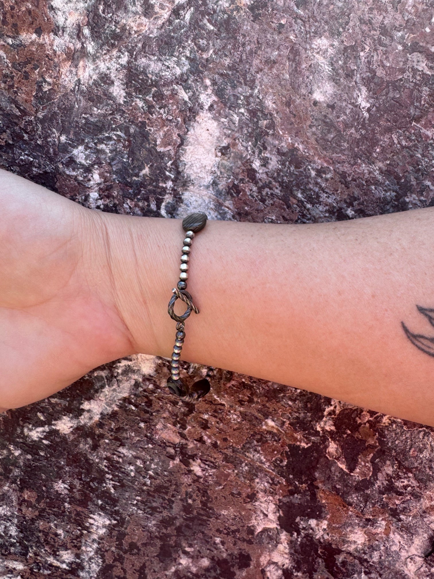 Handcrafted Abalone & Sterling Silver Pearl 3mm Beaded Bracelet 7.5"