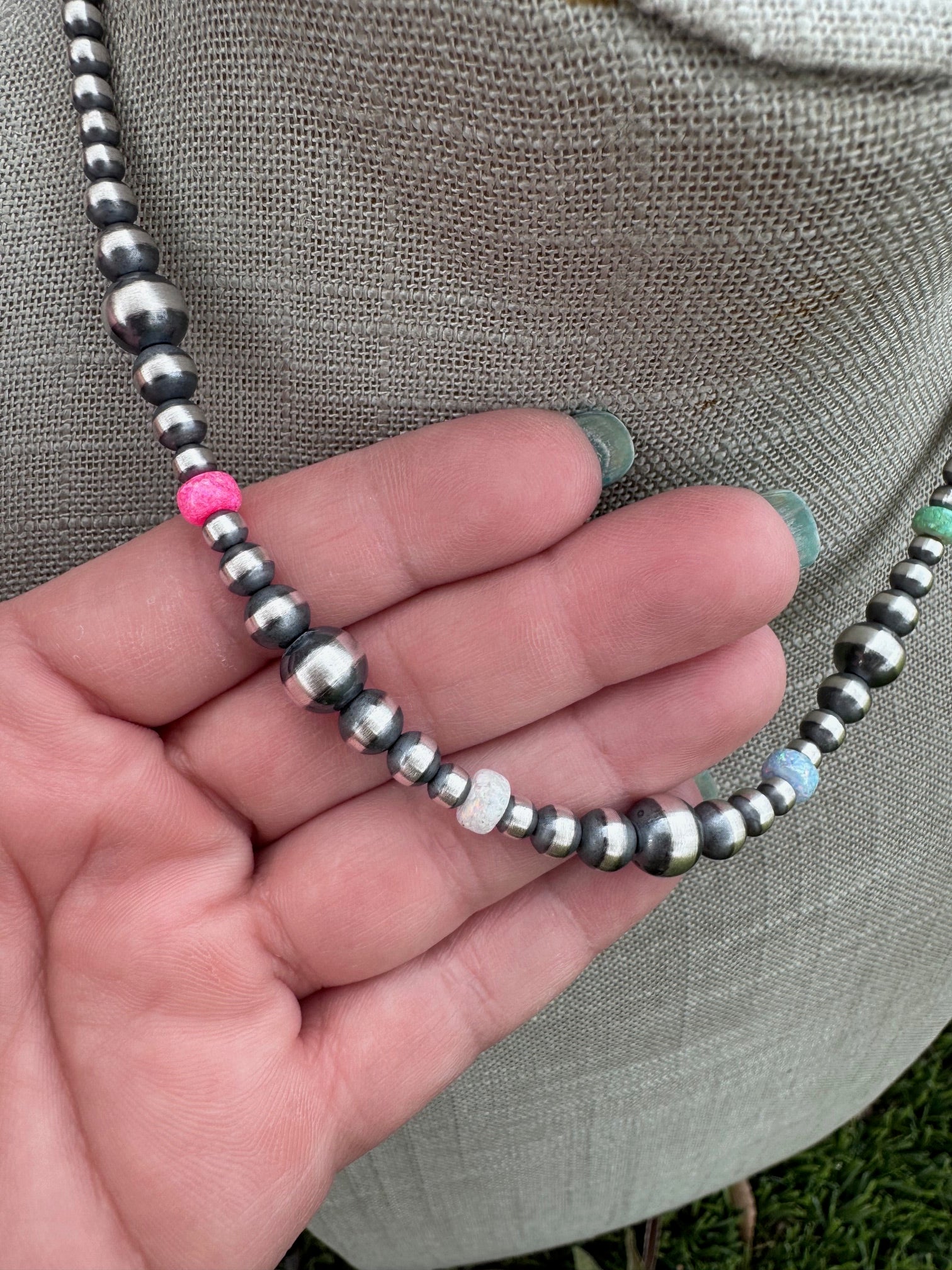 Handcrafted Fire Opal Collection & Sterling Silver Pearl Beaded 3-8mm Necklace 16"