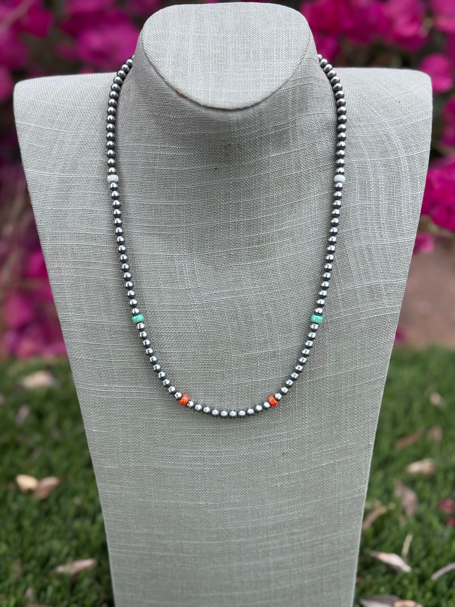 Handcrafted Fire Opal Collection & Sterling Silver Pearl Beaded 5mm Necklace 22"