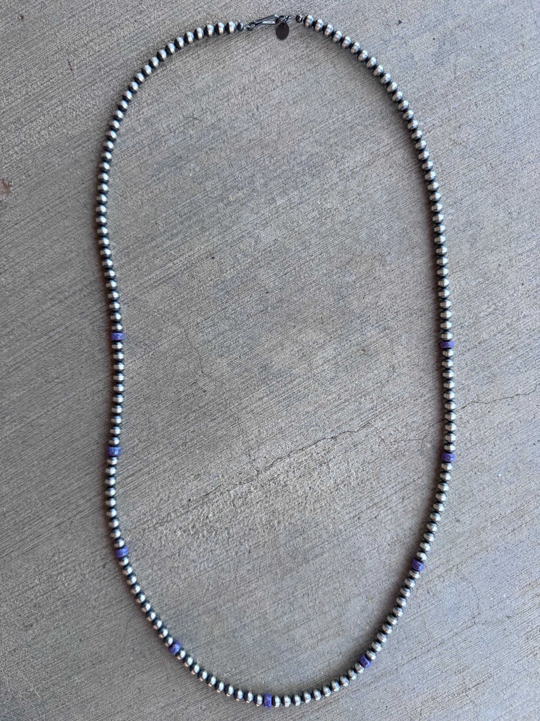 Handcrafted Sterling Silver & Purple Fire Opal 5mm Beaded Necklace 30"