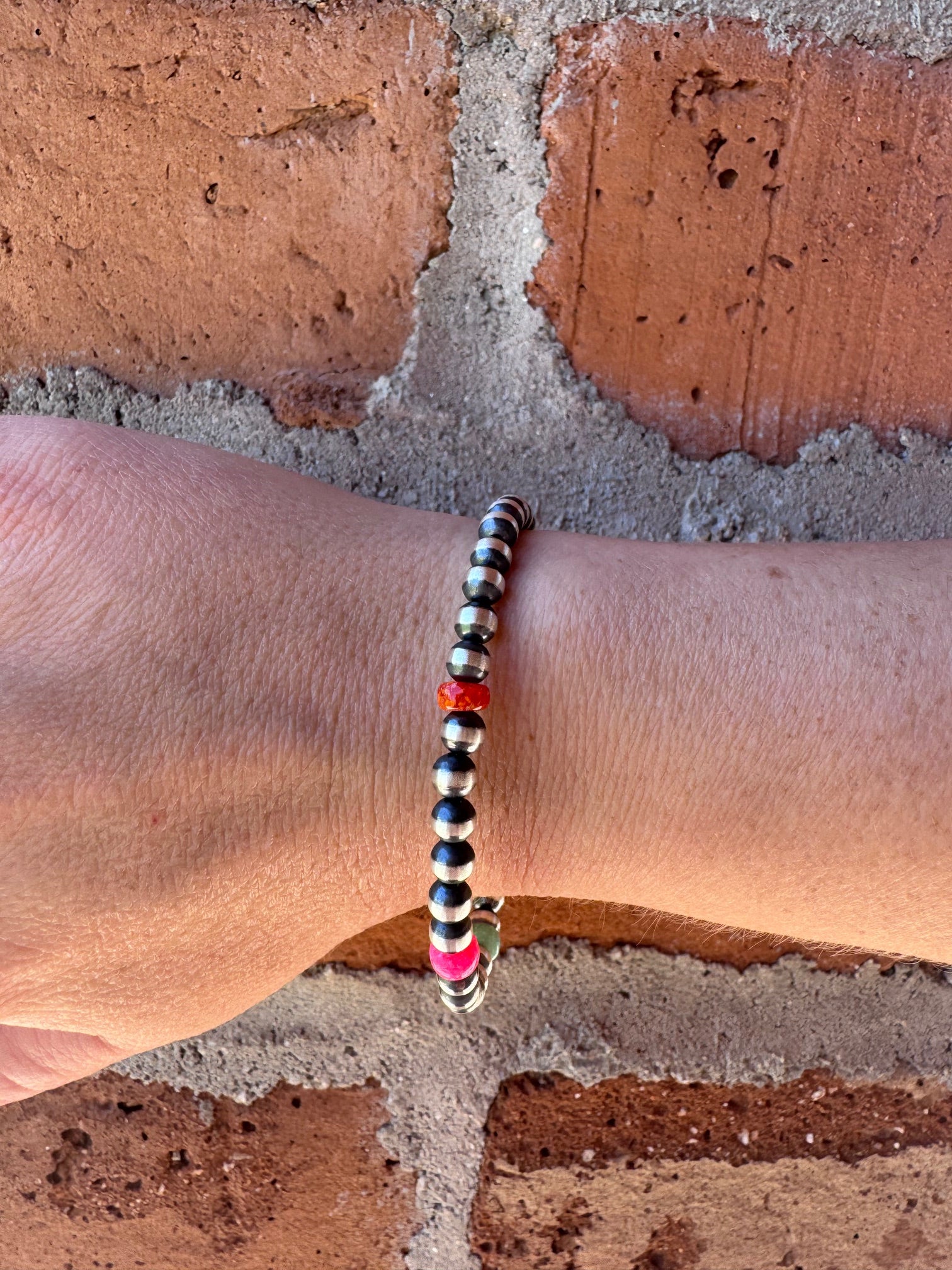 Handcrafted Fire Opal Collection & Sterling Silver Pearl 5mm Beaded Bracelet 7"