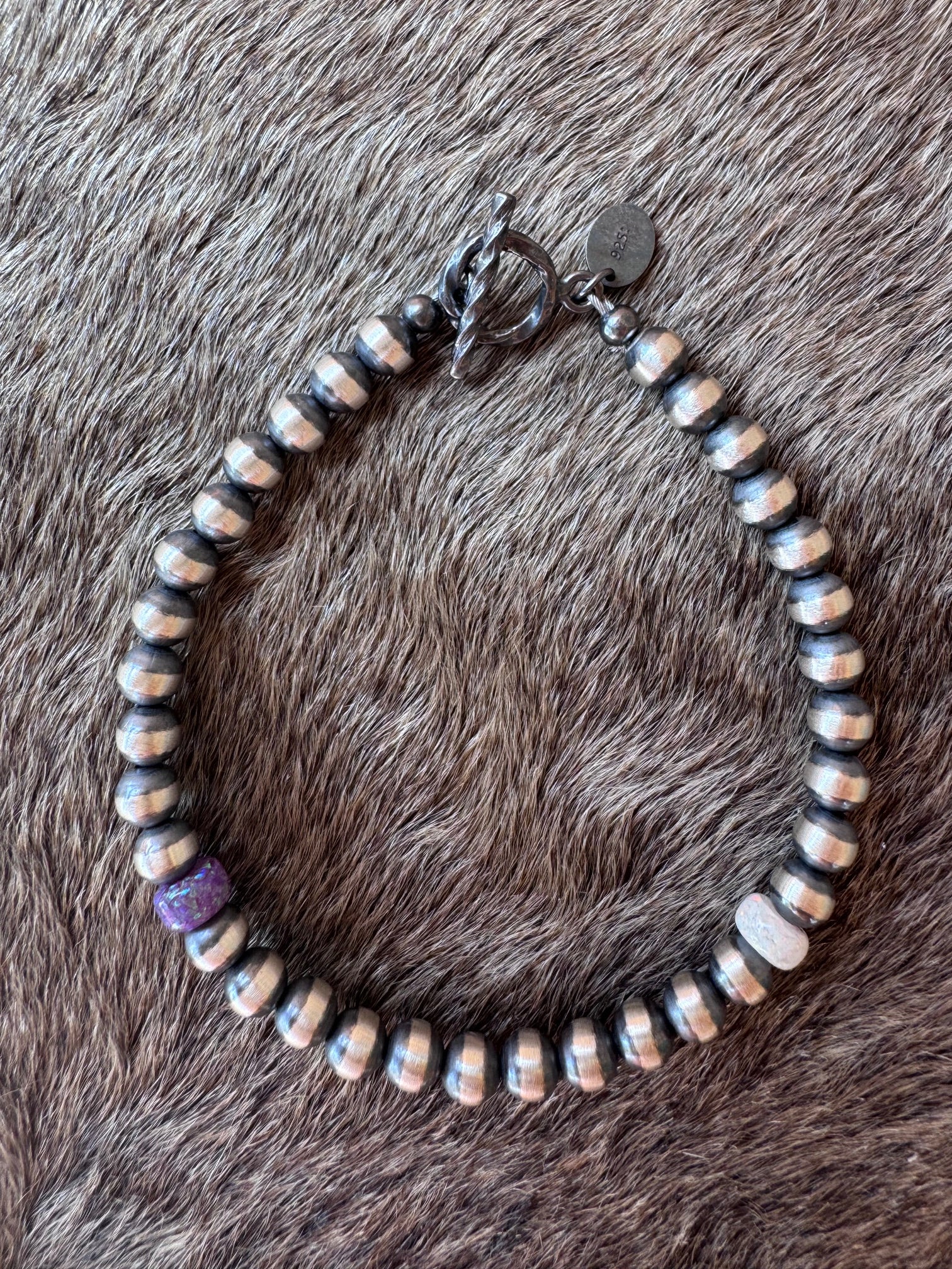 Handcrafted Fire Opal Collection & Sterling Silver Pearl 5mm Beaded Bracelet 7.5"