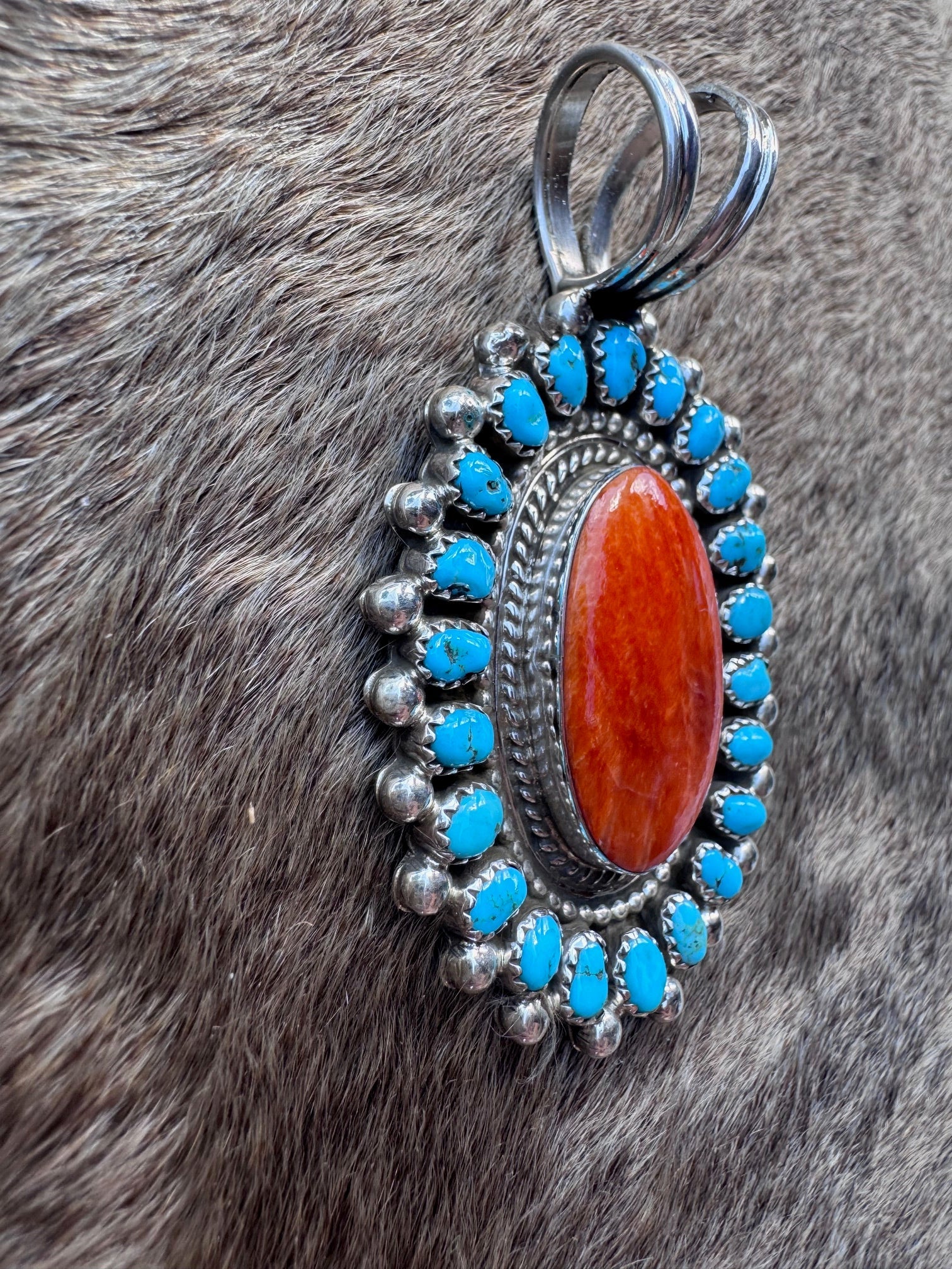 Handcrafted Sterling Silver Spiny Oyster And Turquoise Pendant Signed