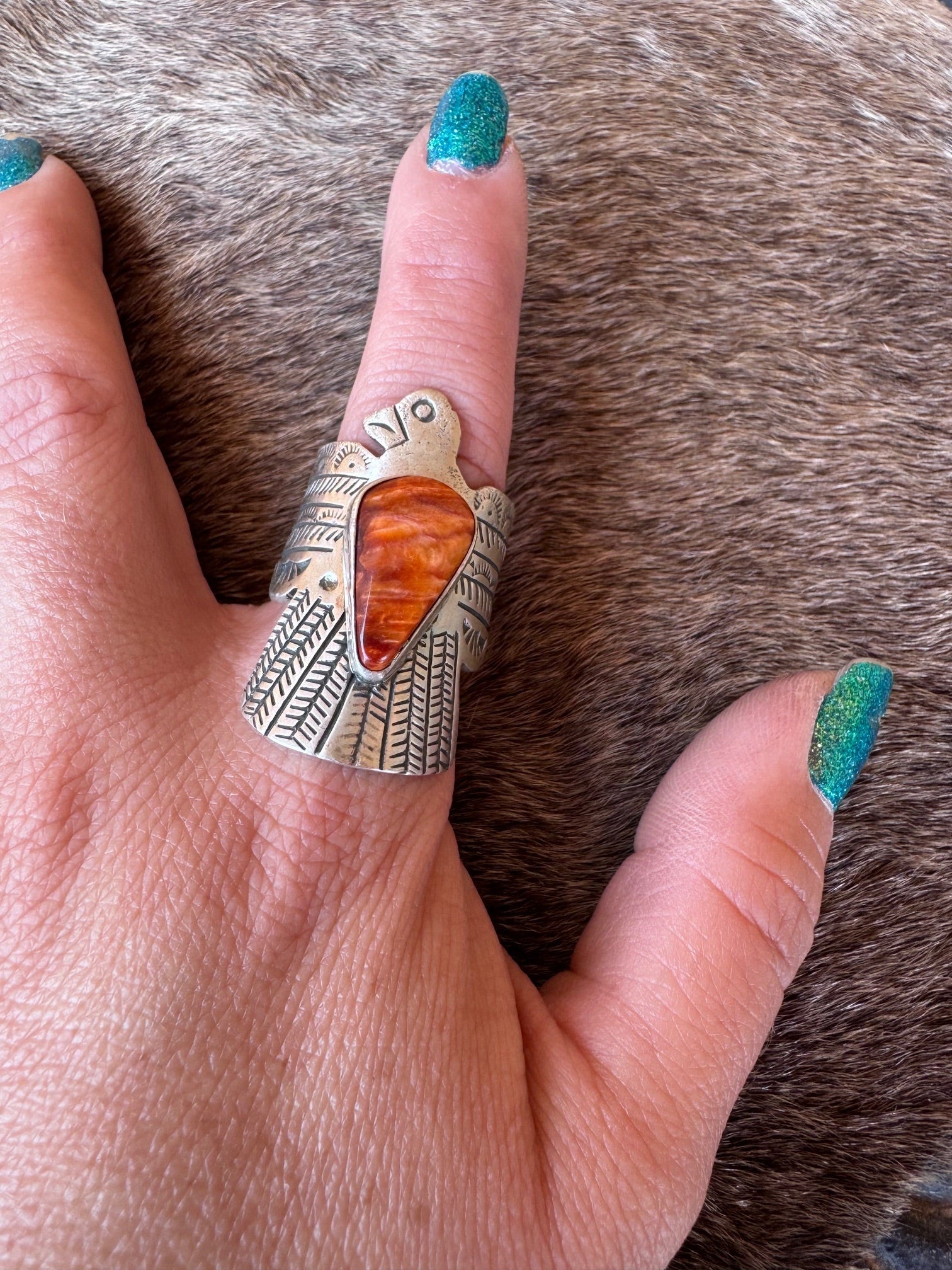 Handcrafted Sterling Silver & Orange Spiny Thunderbird Ring size 9 by Russell Sam