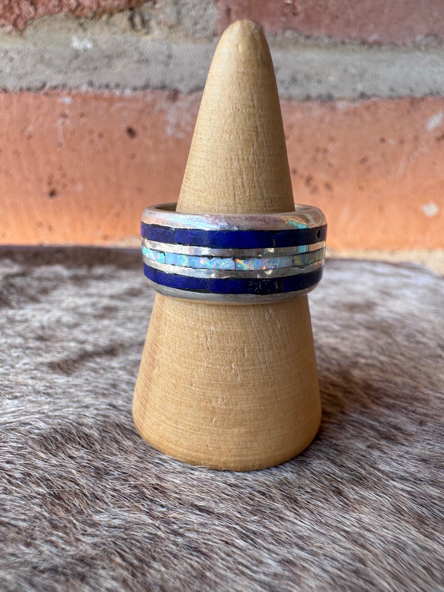 Handcrafted Sterling Silver, Lapis & White Fire Opal Inlay Band Ring Size 9.5