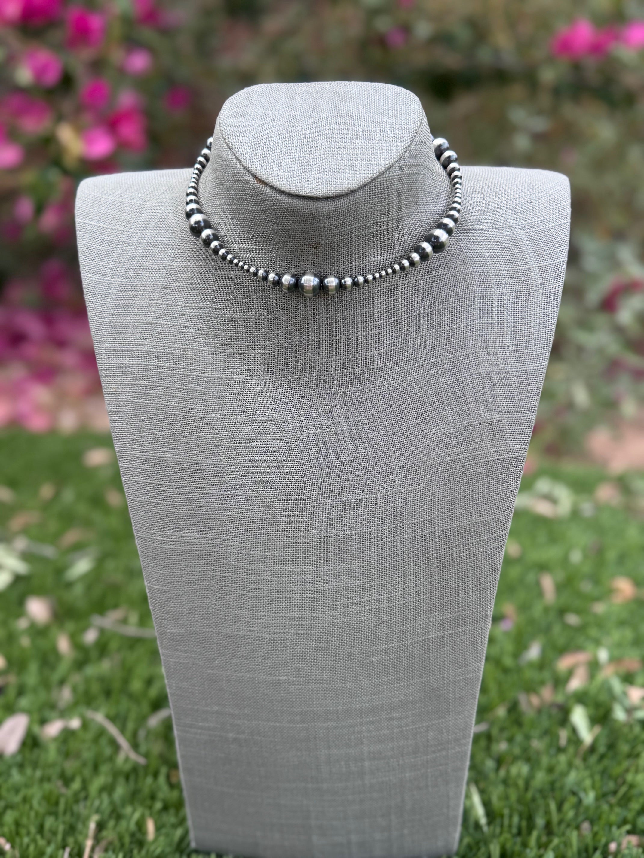 Handcrafted Sterling Silver Pearl 3-10mm Beaded Wrap Choker Necklace 14-16.5"