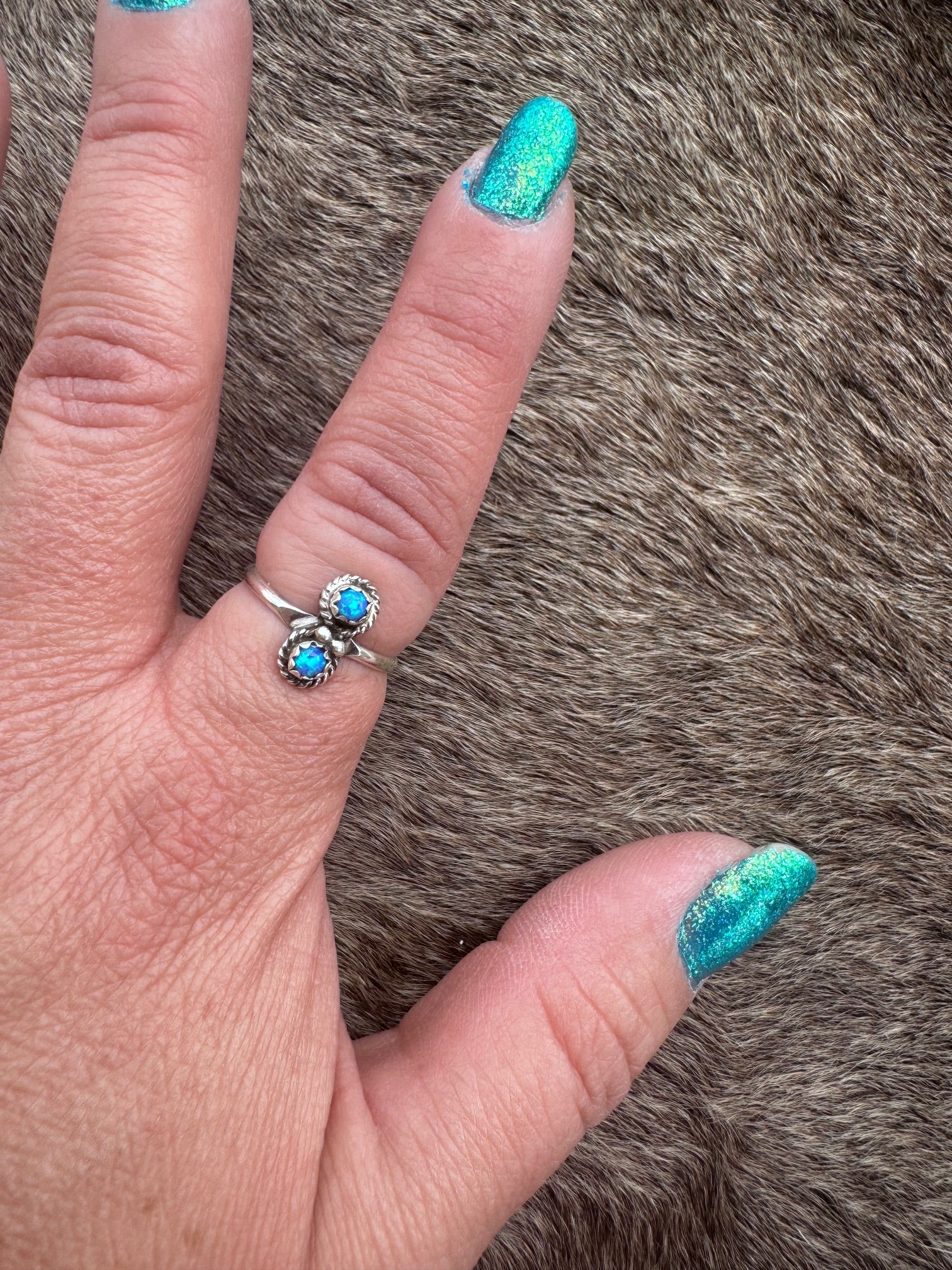 Handcrafted Sterling Silver & Two Stone Royal Blue Fire Opal Ring size 5.75