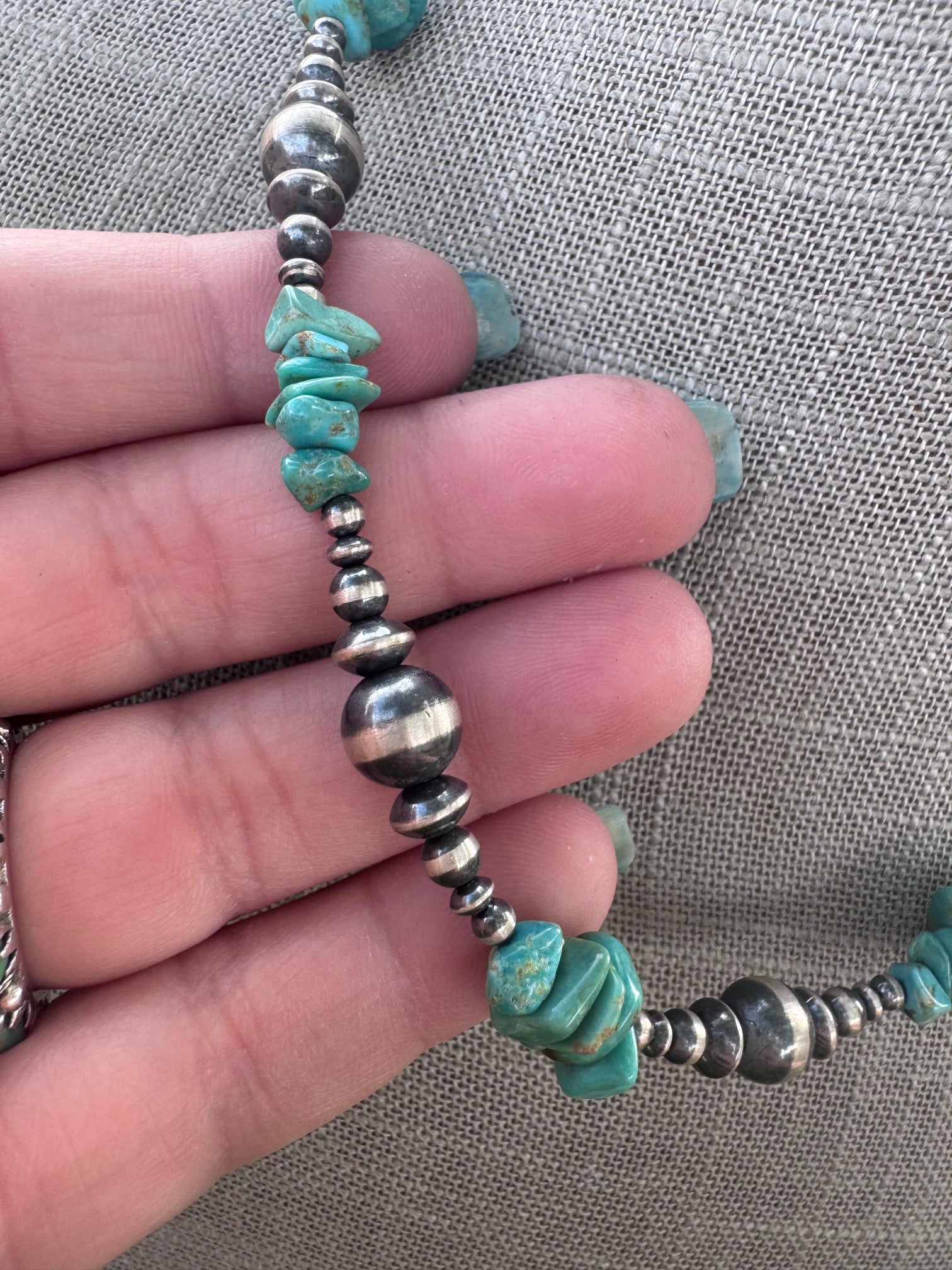 Handcrafted Turquoise & Sterling Silver Pearl 3-8mm Mixed Beaded Necklace 18"