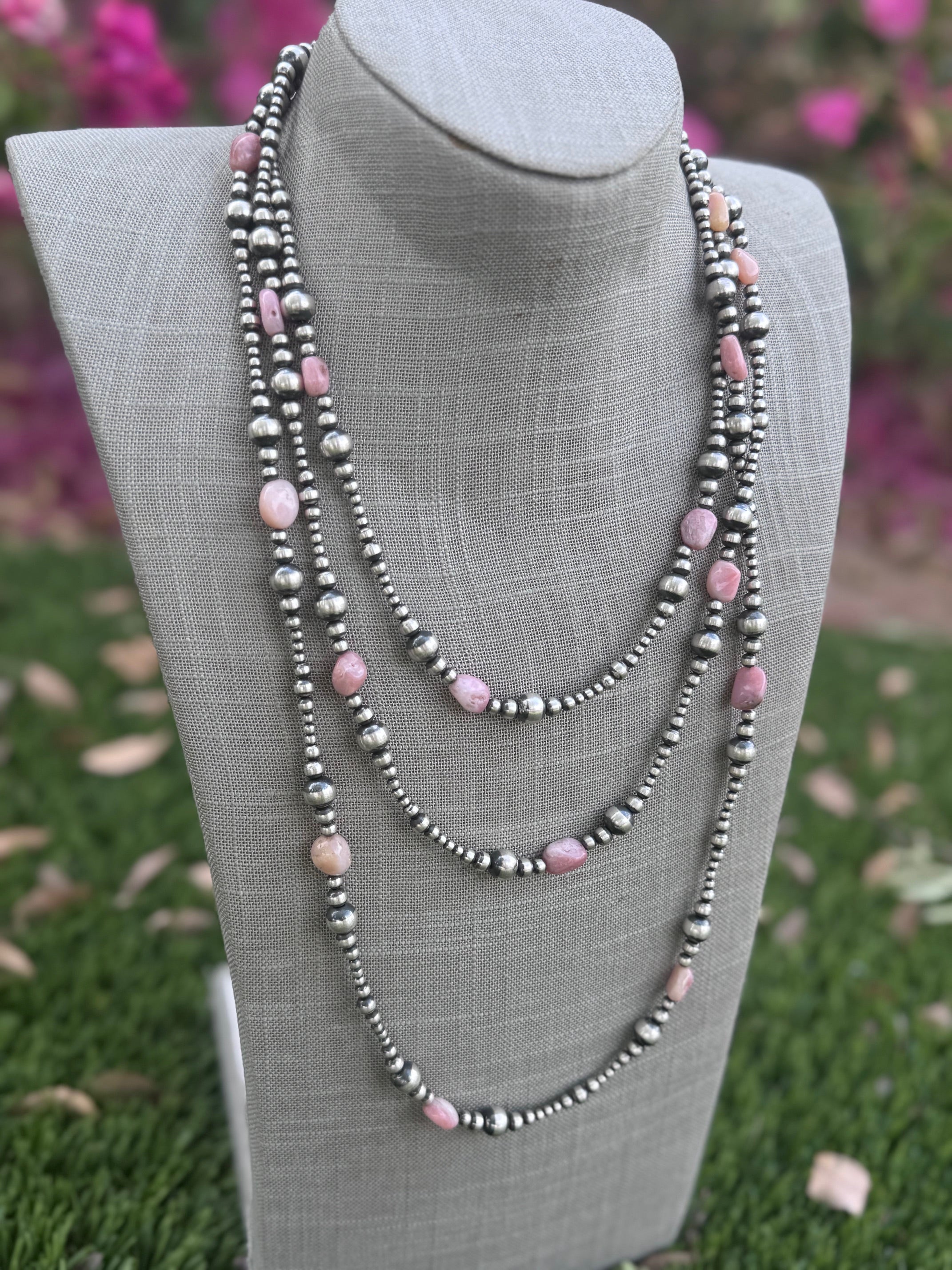 Handcrafted Sterling Silver & Pink Conch 3-8mm Pearl beaded Necklace 72"