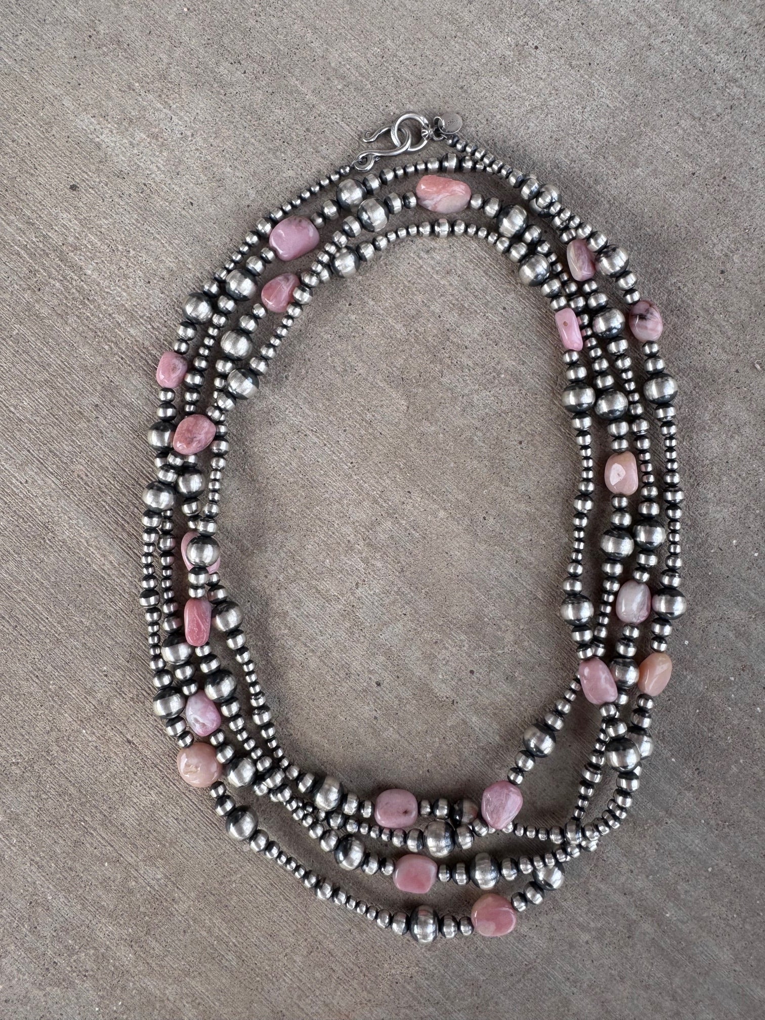 Handcrafted Sterling Silver & Pink Conch 3-8mm Pearl beaded Necklace 72"