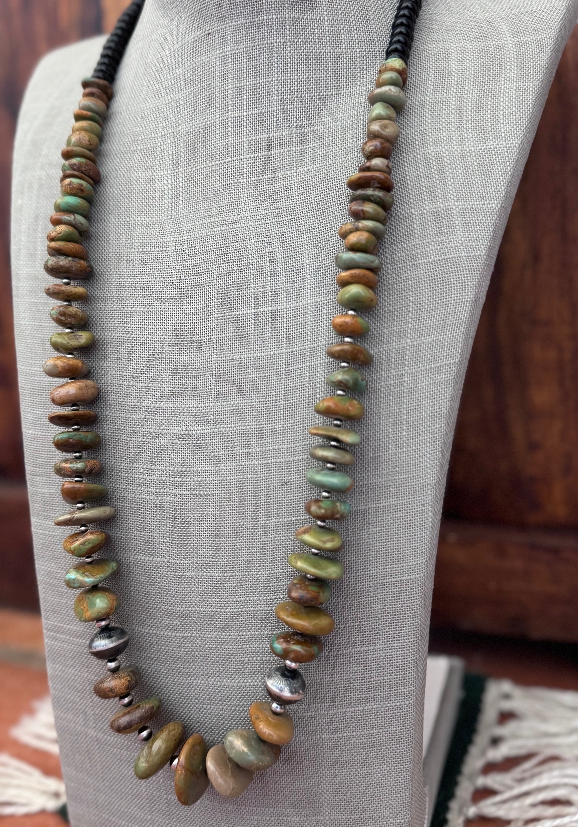 Handmade Thunderbird Turquoise & Sterling Silver Beaded Necklace 31"