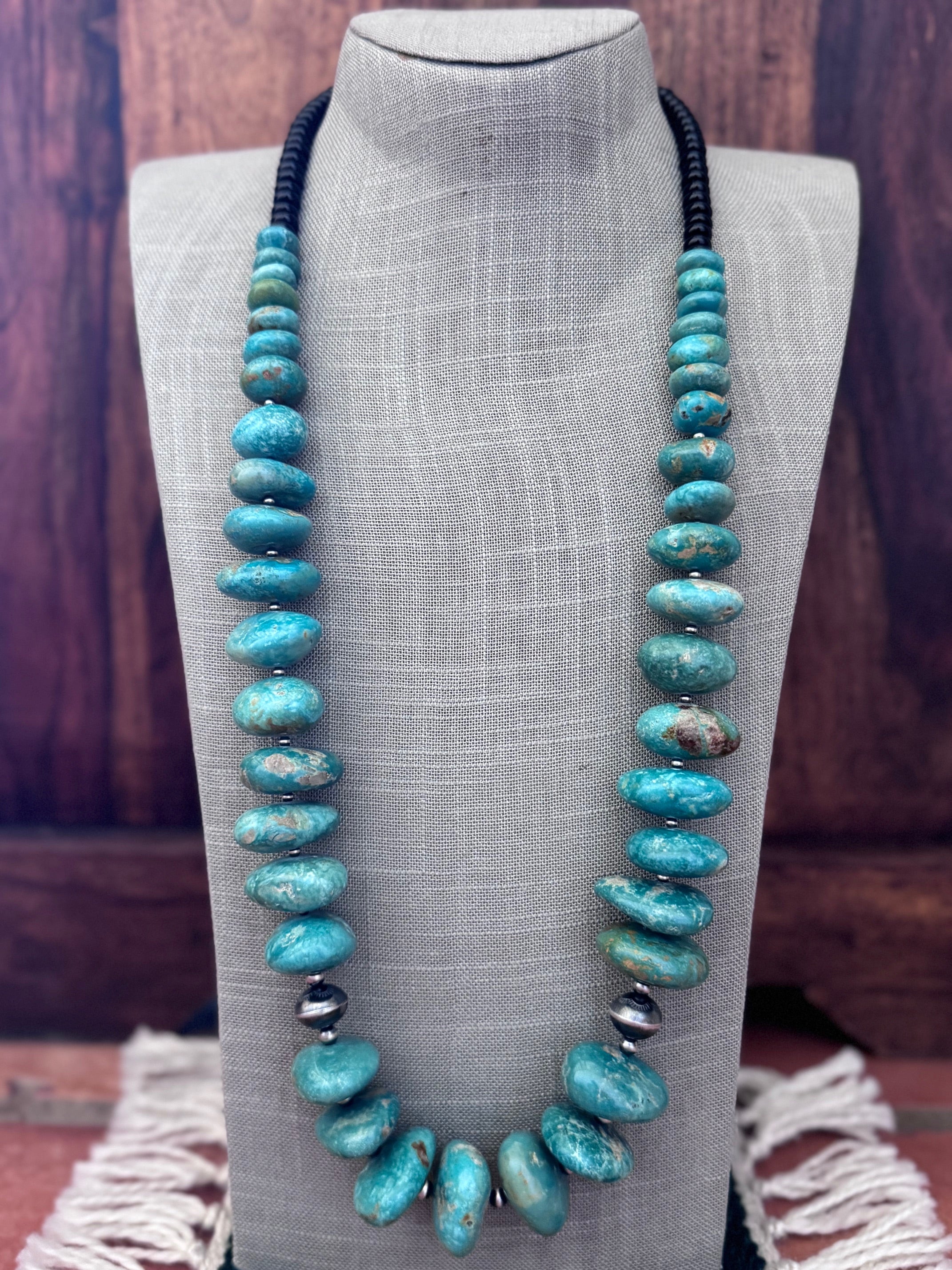 Handmade Royston Turquoise & Sterling Silver Beaded Necklace 32"