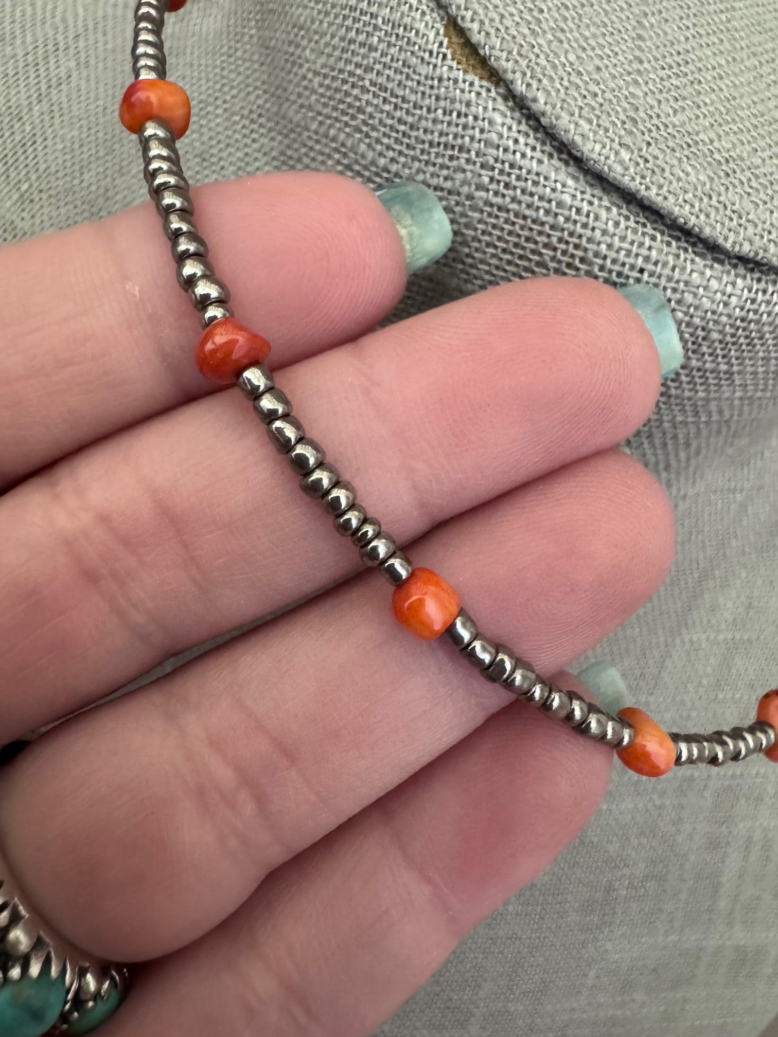 Handmade Antique Silver Seed Bead & Red Dyed Coral 3mm Beaded Necklace 14"