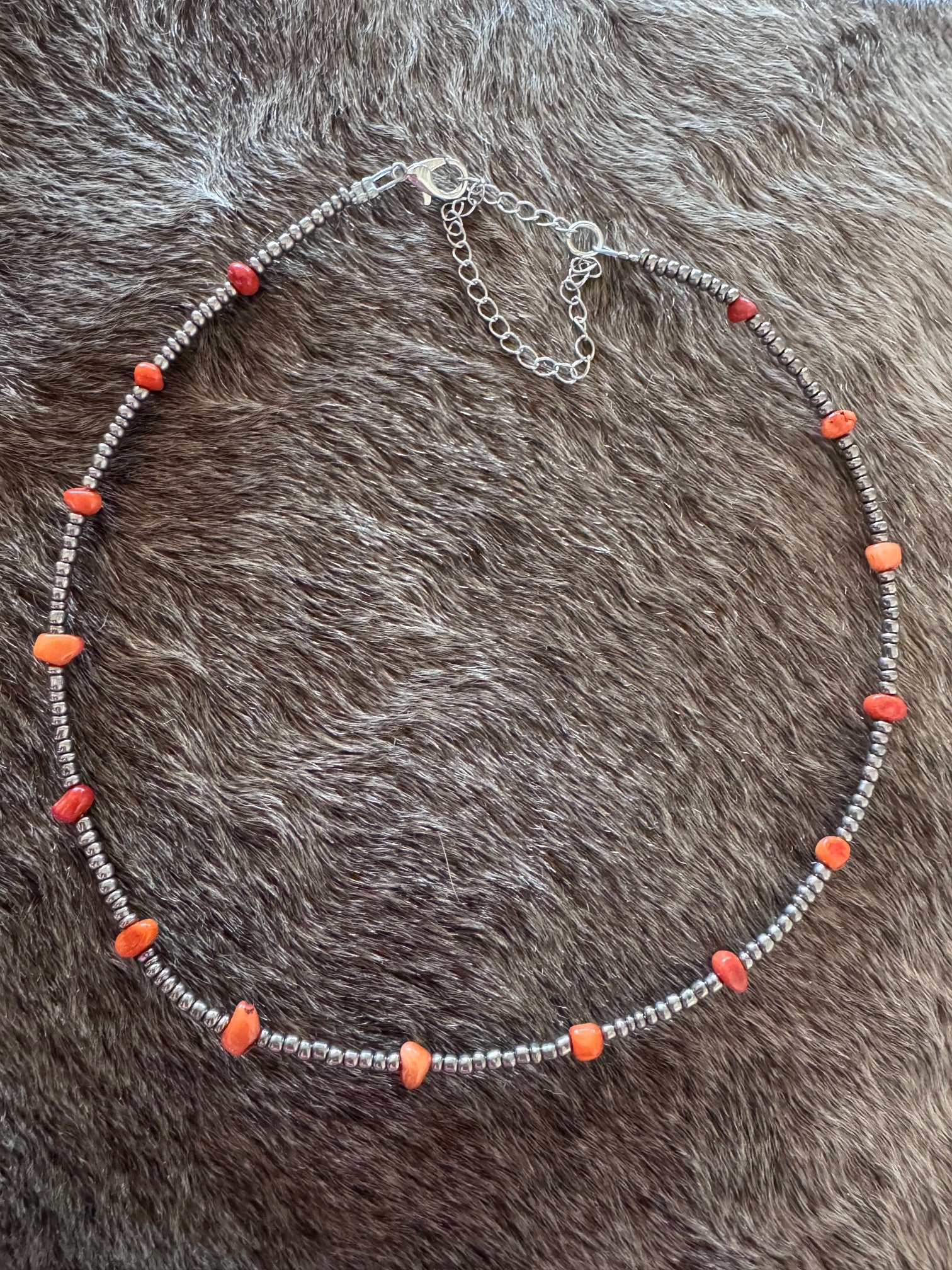 Handmade Antique Silver Seed Bead & Red Dyed Coral 3mm Beaded Necklace 14"