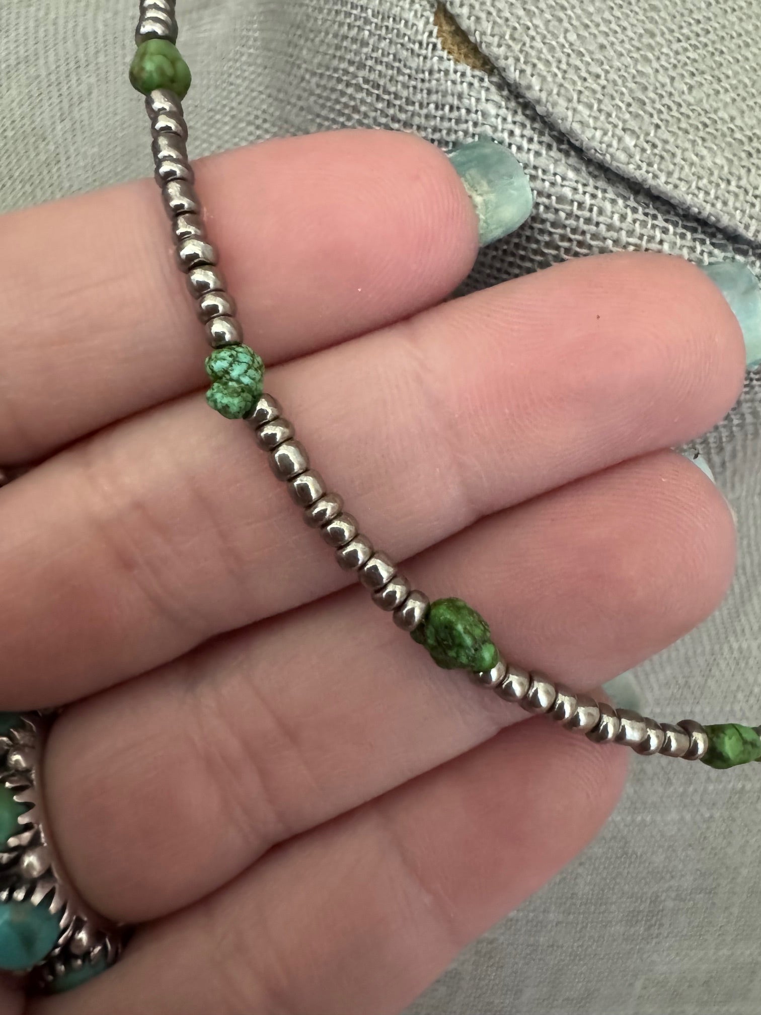 Handmade Green Turquoise & Silver Glass Seed 3mm Beaded Necklace 14"
