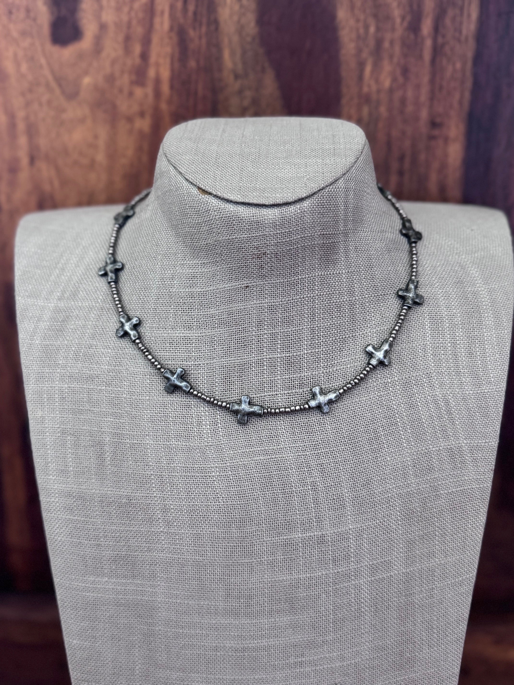 Handmade Silver Plated Cross & Silver Glass Seed 3mm Beaded Necklace 15"-18"