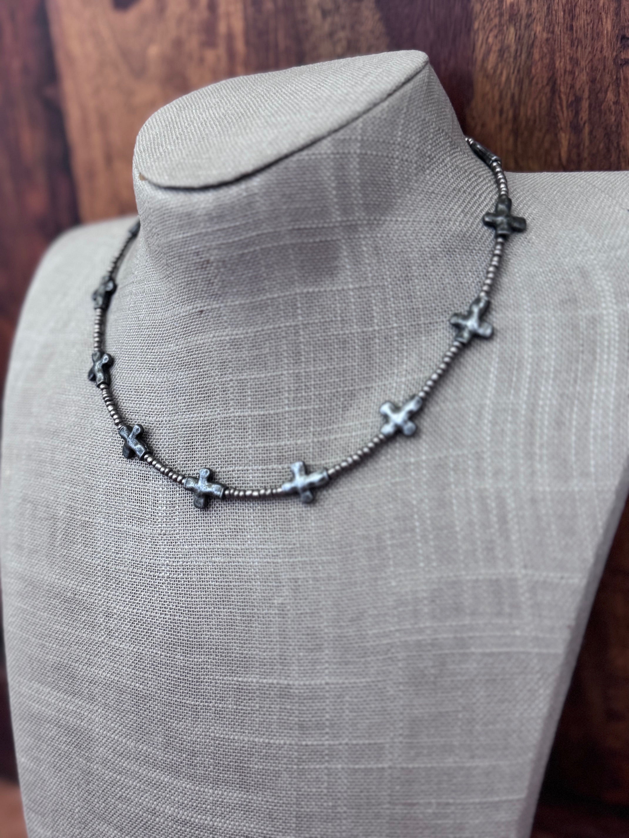 Handmade Silver Plated Cross & Silver Glass Seed 3mm Beaded Necklace 15"-18"