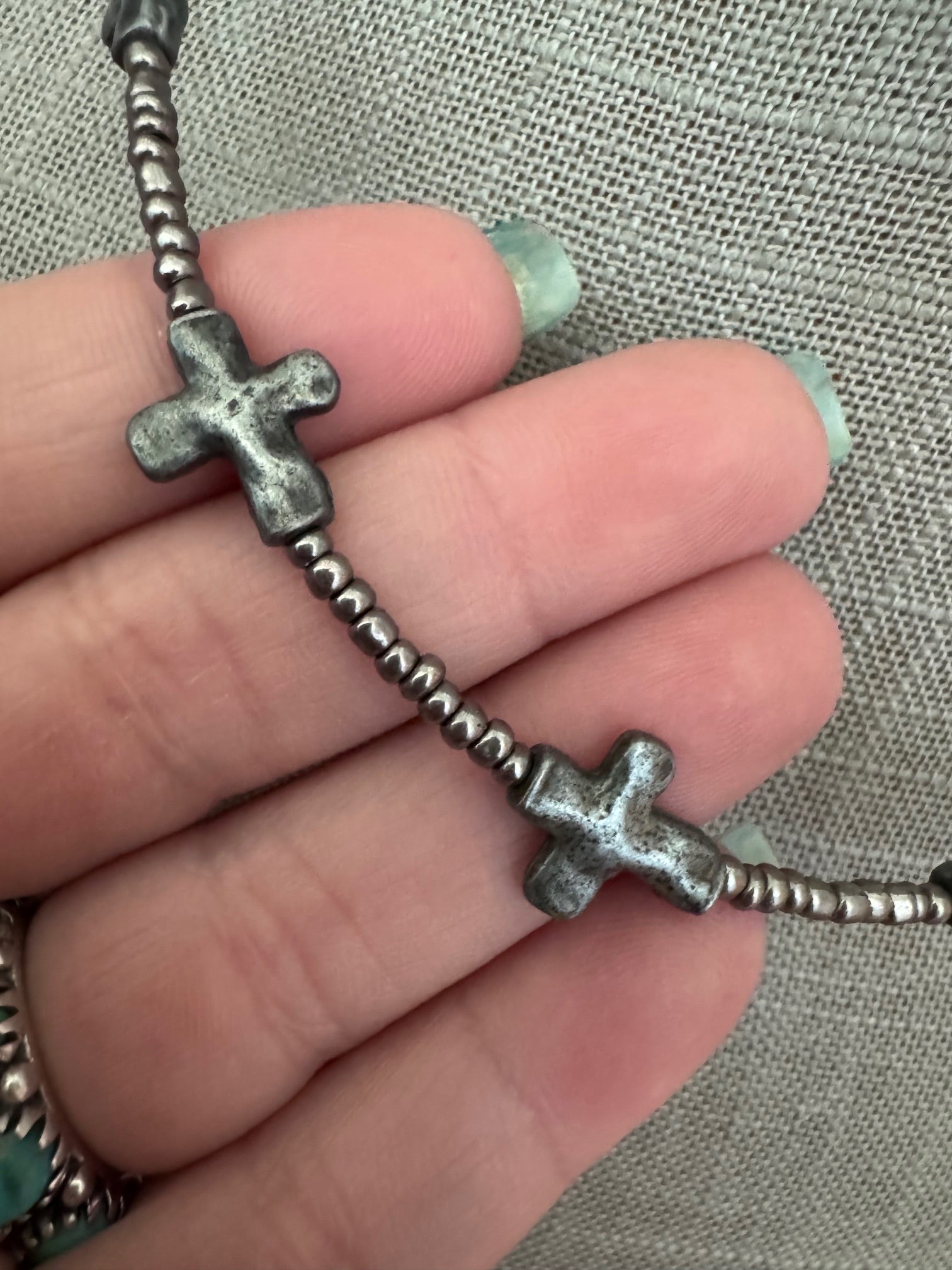 Handmade Silver Plated Cross & Silver Glass Seed 3mm Beaded Necklace 15"-18"