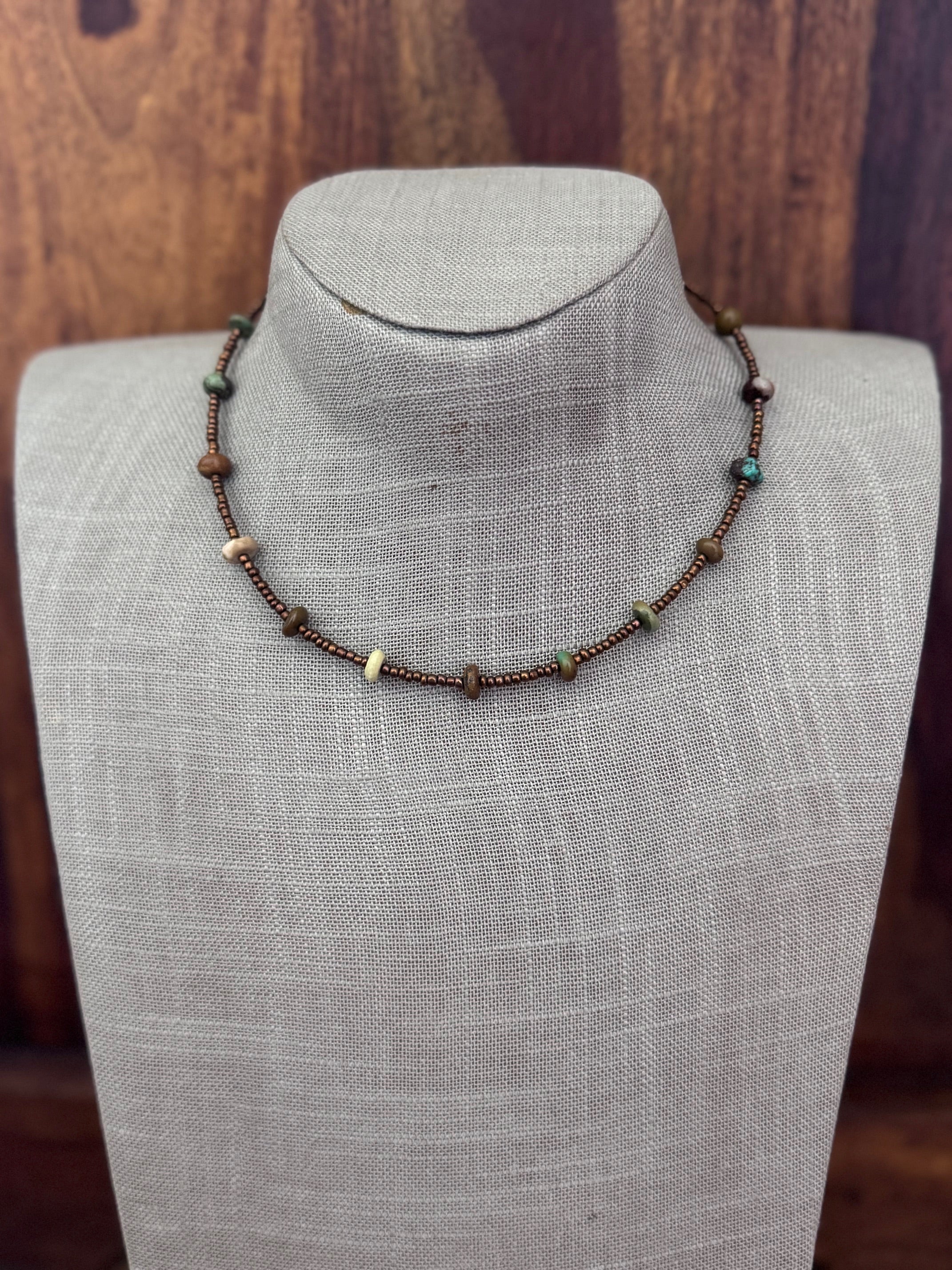 Handmade Green Turquoise & Copper Glass Seed 3mm Beaded Necklace 14"