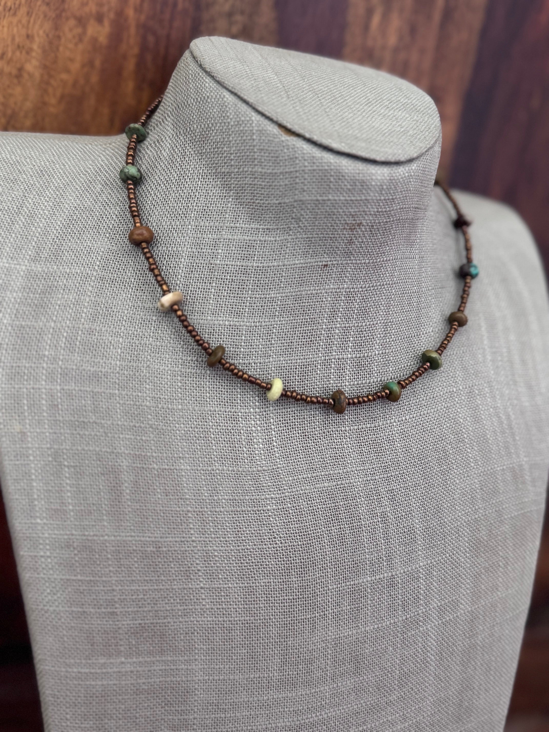 Handmade Green Turquoise & Copper Glass Seed 3mm Beaded Necklace 14"