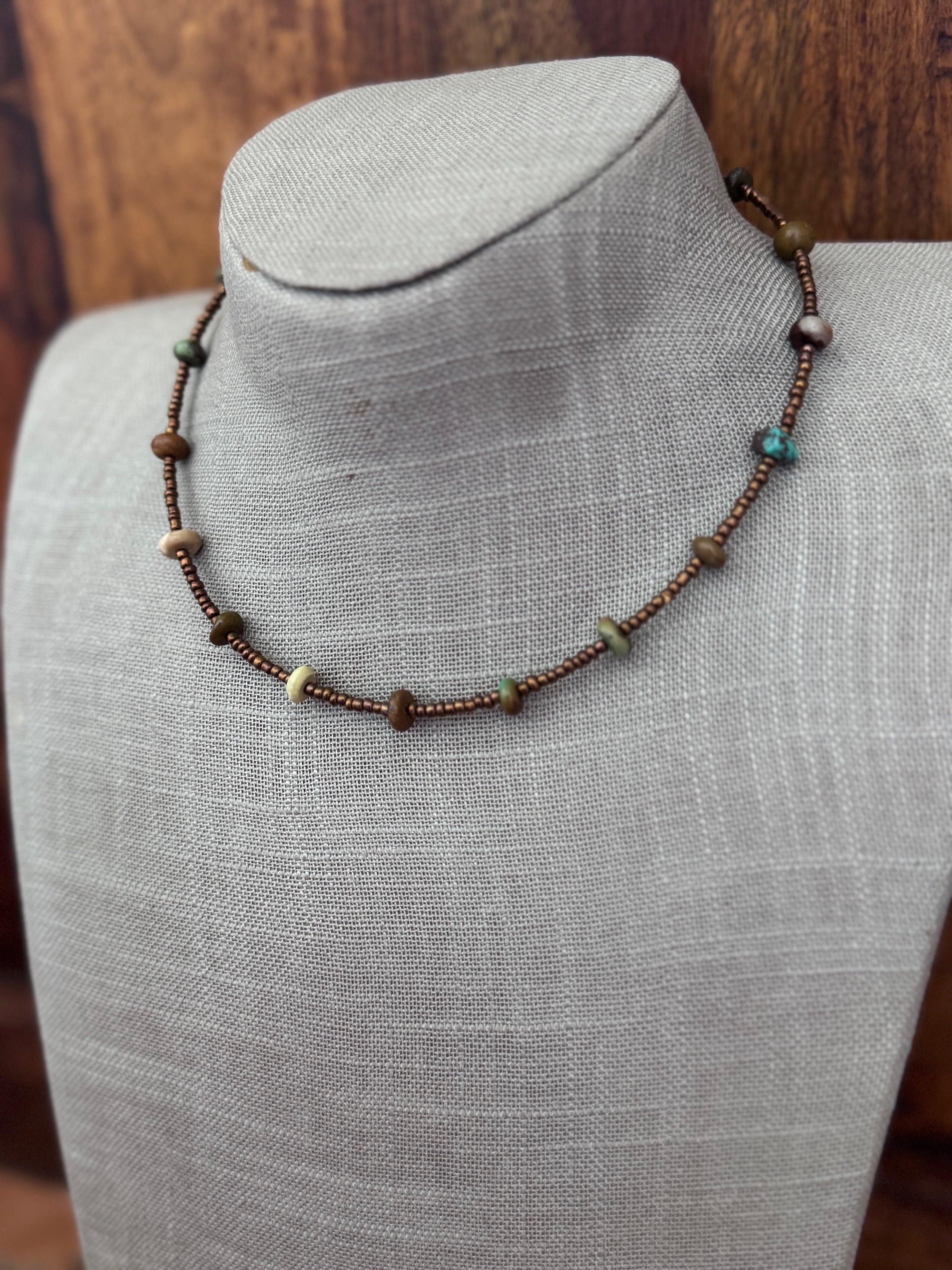 Handmade Green Turquoise & Copper Glass Seed 3mm Beaded Necklace 14"